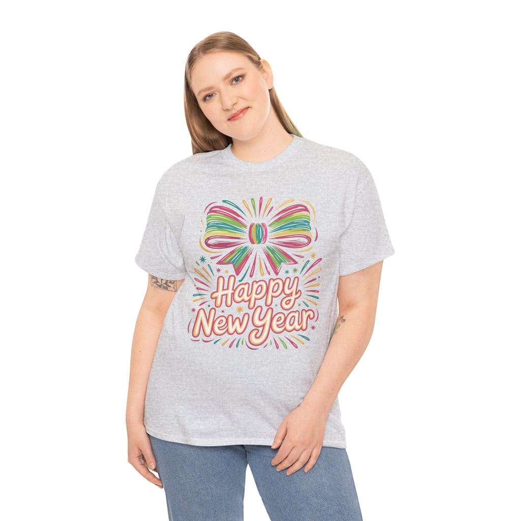 Happy New Year Pastel Tee — Rainbow Bow & Fireworks Celebration Unisex Cotton Tshirt