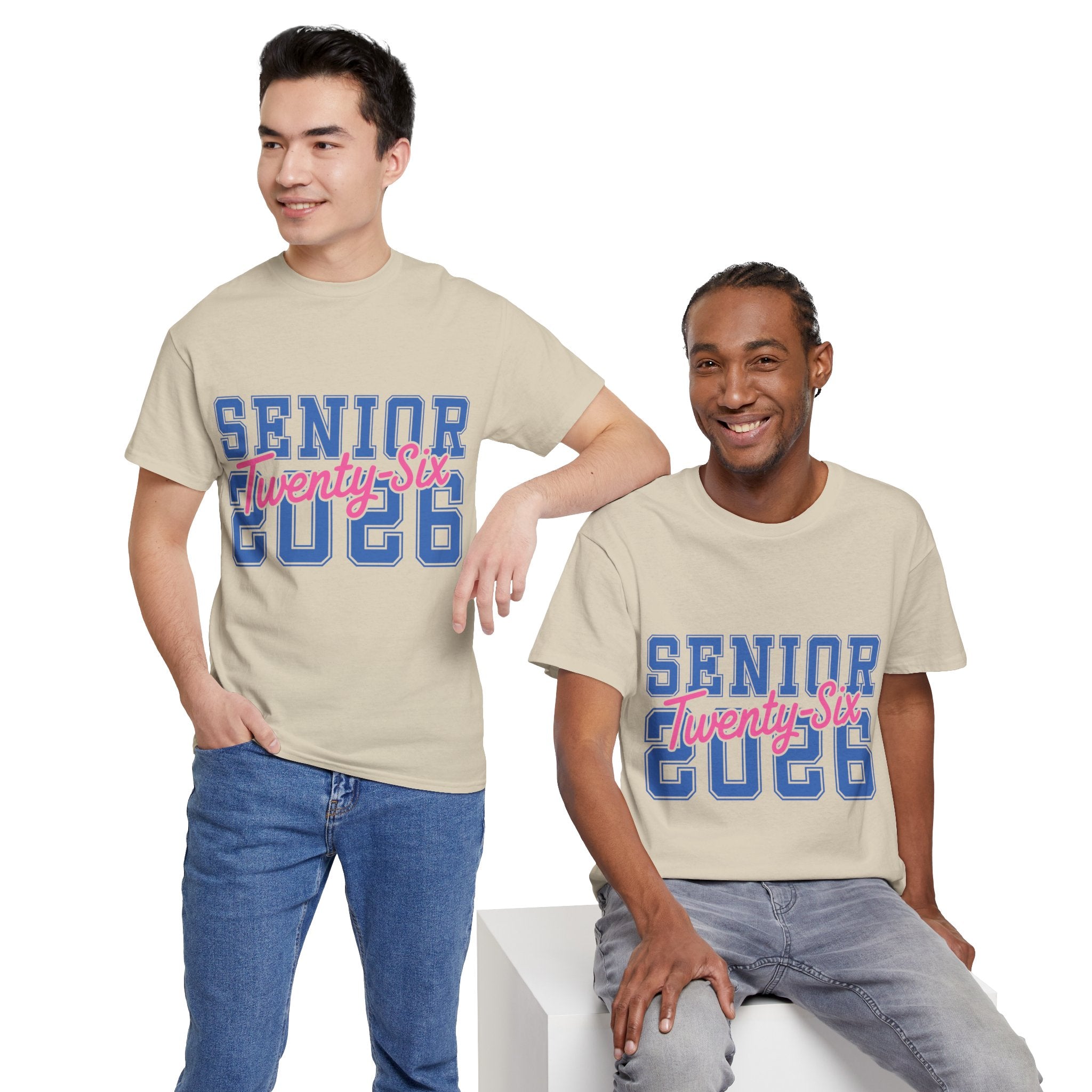 Senior 2026 Tee — Pink Varsity Block with Blue Script Overlay Unisex Cotton Tee