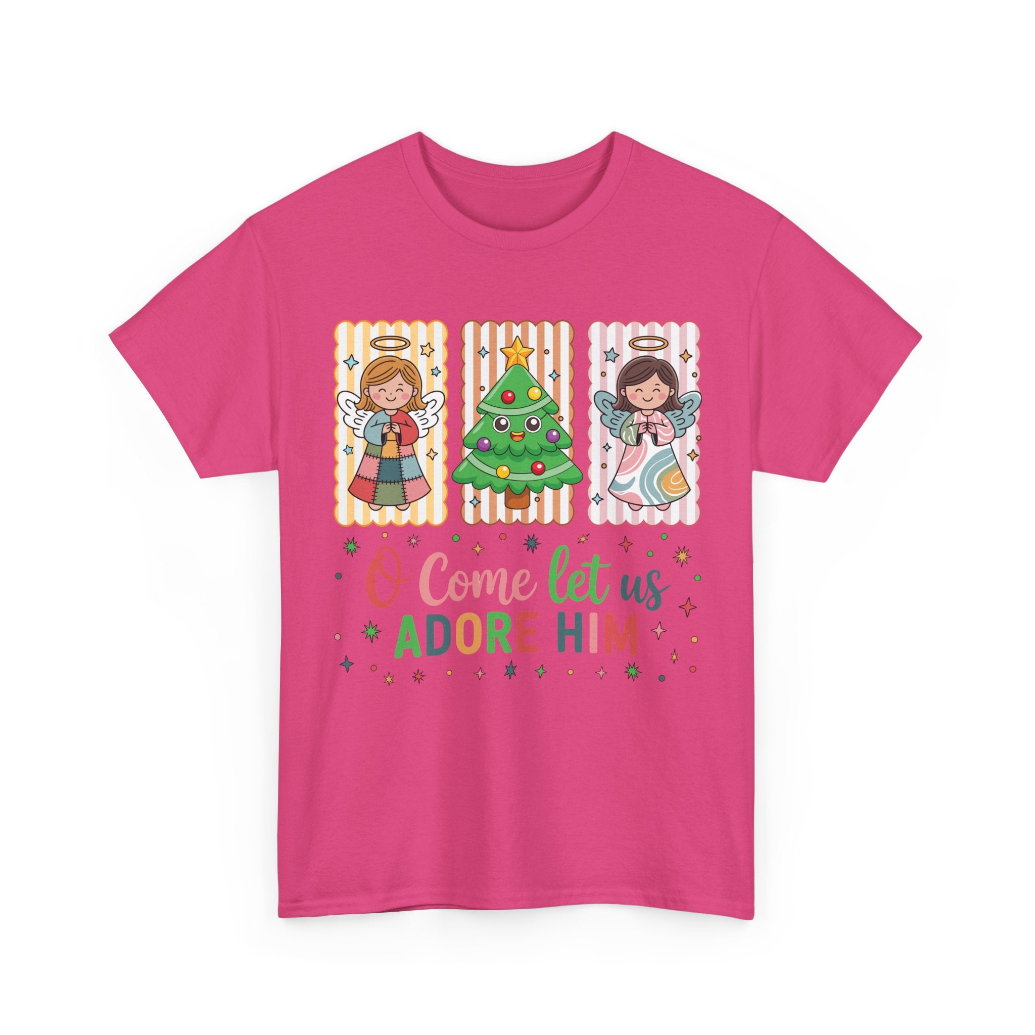 O Come Let Us Adore Him Christmas Tee — Smiling Angels & Happy Tree..Unisex Cotton Tee