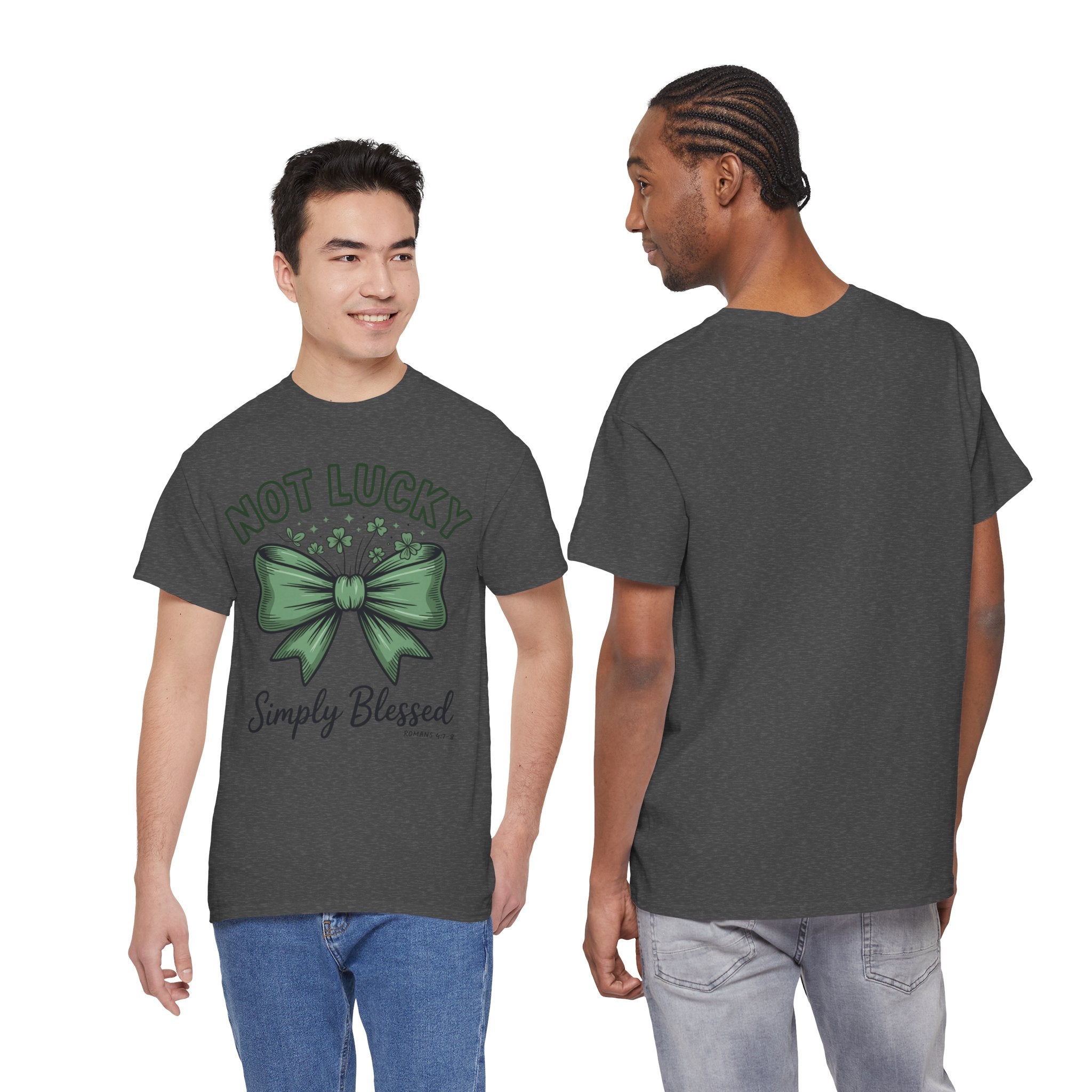 Not Lucky, Simply Blessed T-Shirt — Green Bow & Clovers St. Patrick’s Unisex Cotton Tee