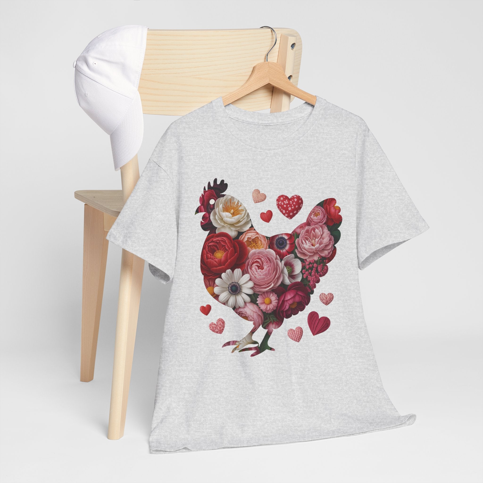 Floral Chicken Heart Tee — Red & Pink Flower Silhouette Unisex Cotton Tee