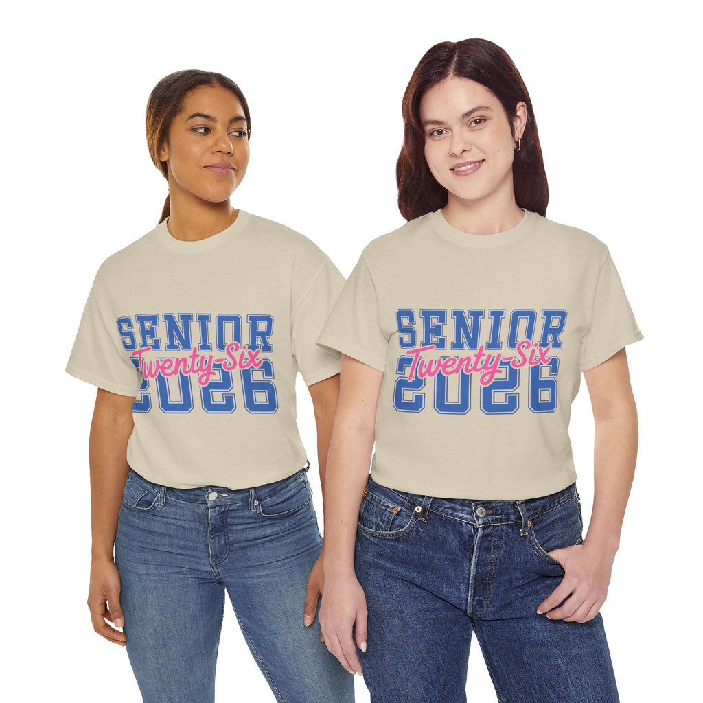 Senior 2026 Tee — Pink Varsity Block with Blue Script Overlay Unisex Cotton Tee