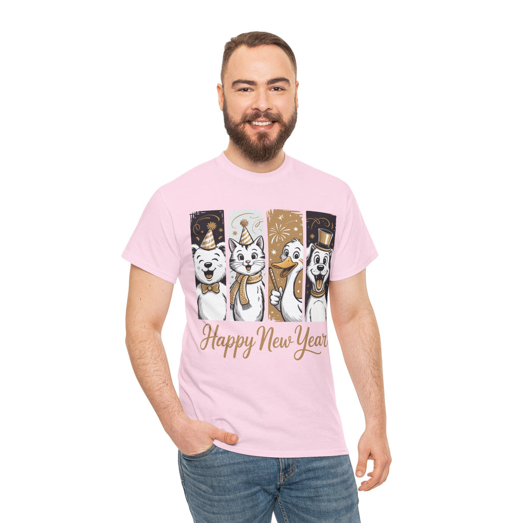 Happy New Year Party Animals T-Shirt — Cute Smiling Animals in Party Hats & Gold Fireworks..Unisex Cotton Tee