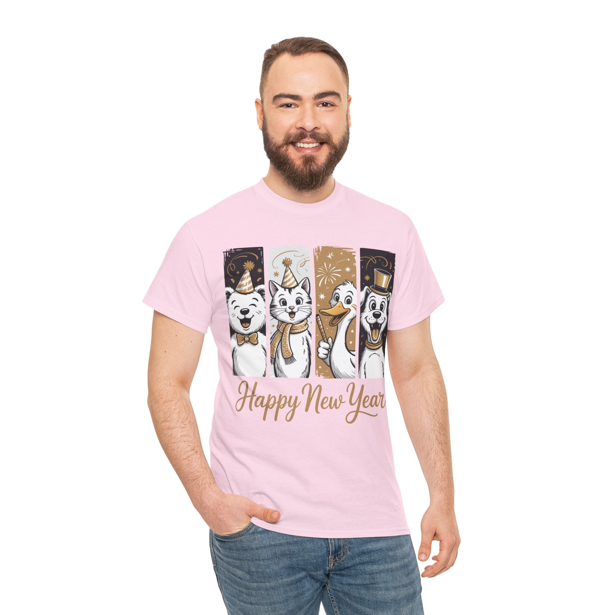 Happy New Year Party Animals T-Shirt — Cute Smiling Animals in Party Hats & Gold Fireworks..Unisex Cotton Tee