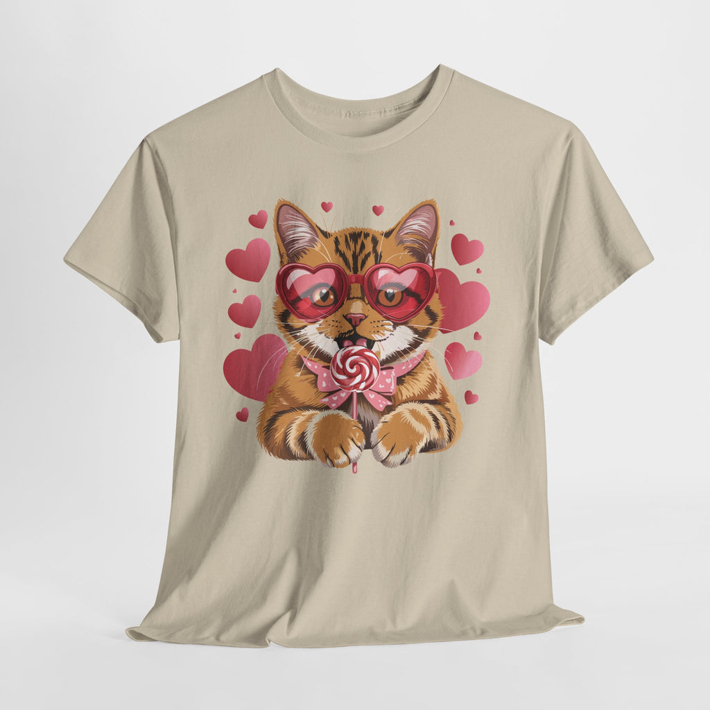 Valentine Cat Tee — Heart Glasses, Lollipop Bow Unisex Cotton Tee