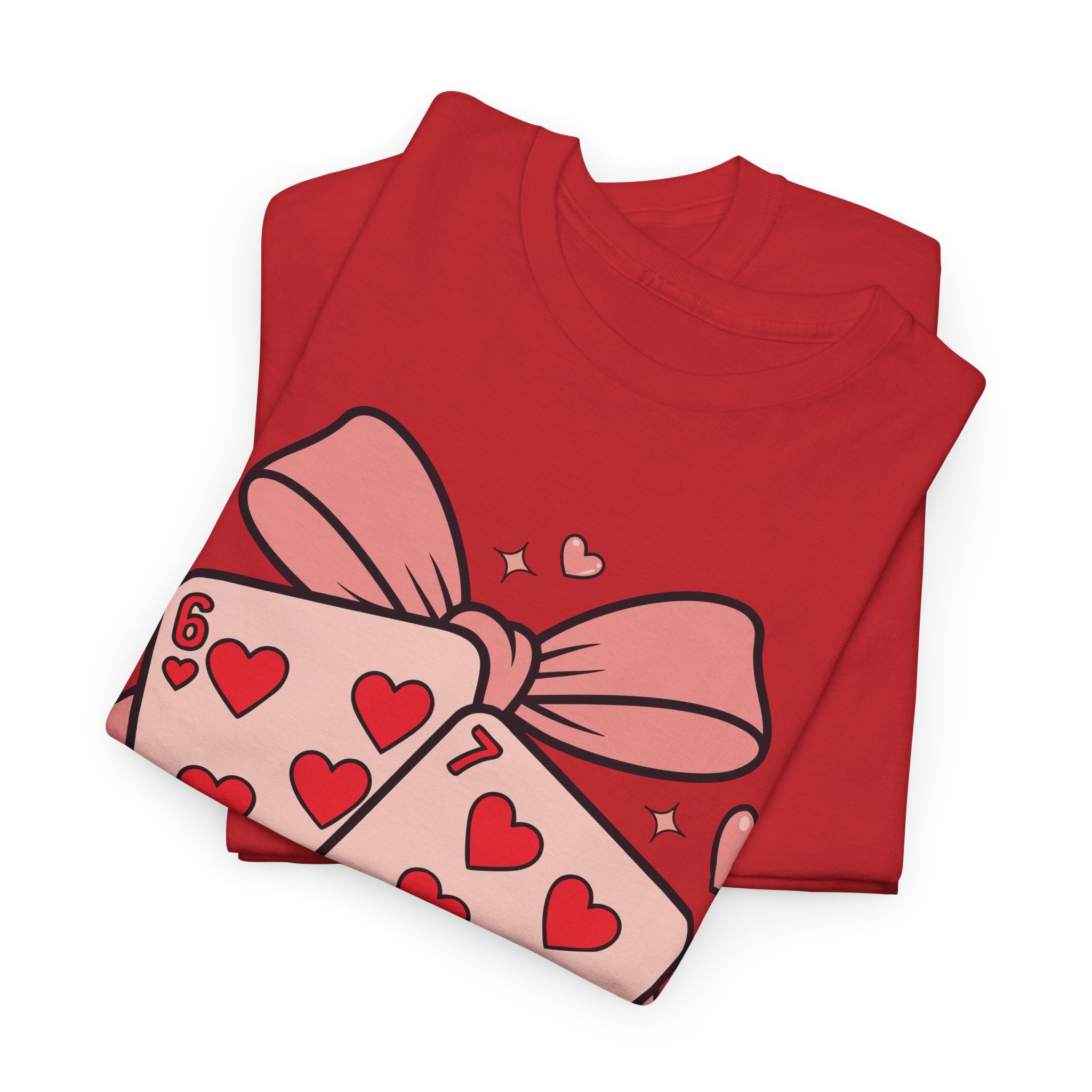 6 & 7 of Hearts T-Shirt — Paired Playing Cards with Pink Bow Unisex Cotton Tee