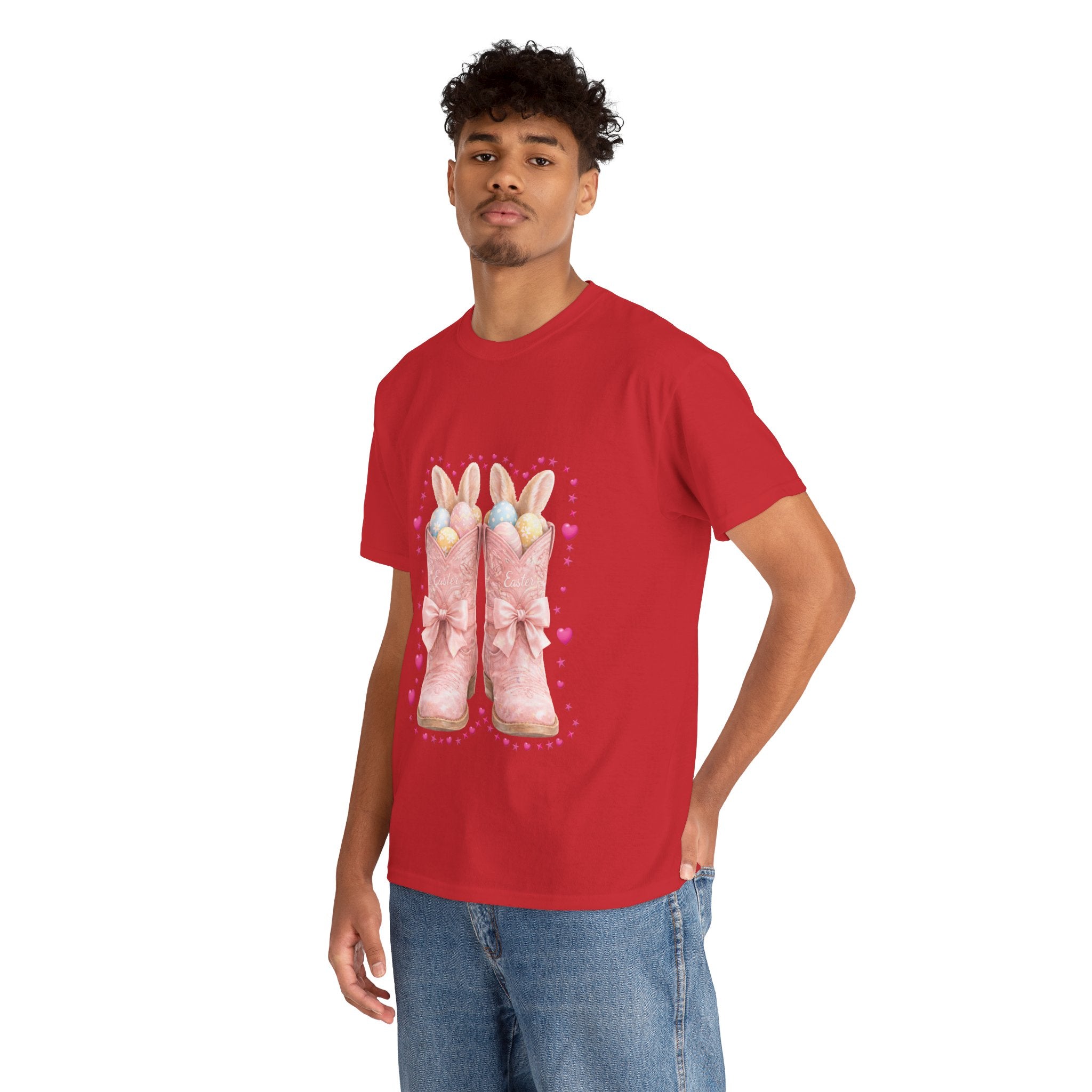 Easter Pink Western Boots Tee — Pastel Bunny Eggs & Bows Unisex Cotton Tee
