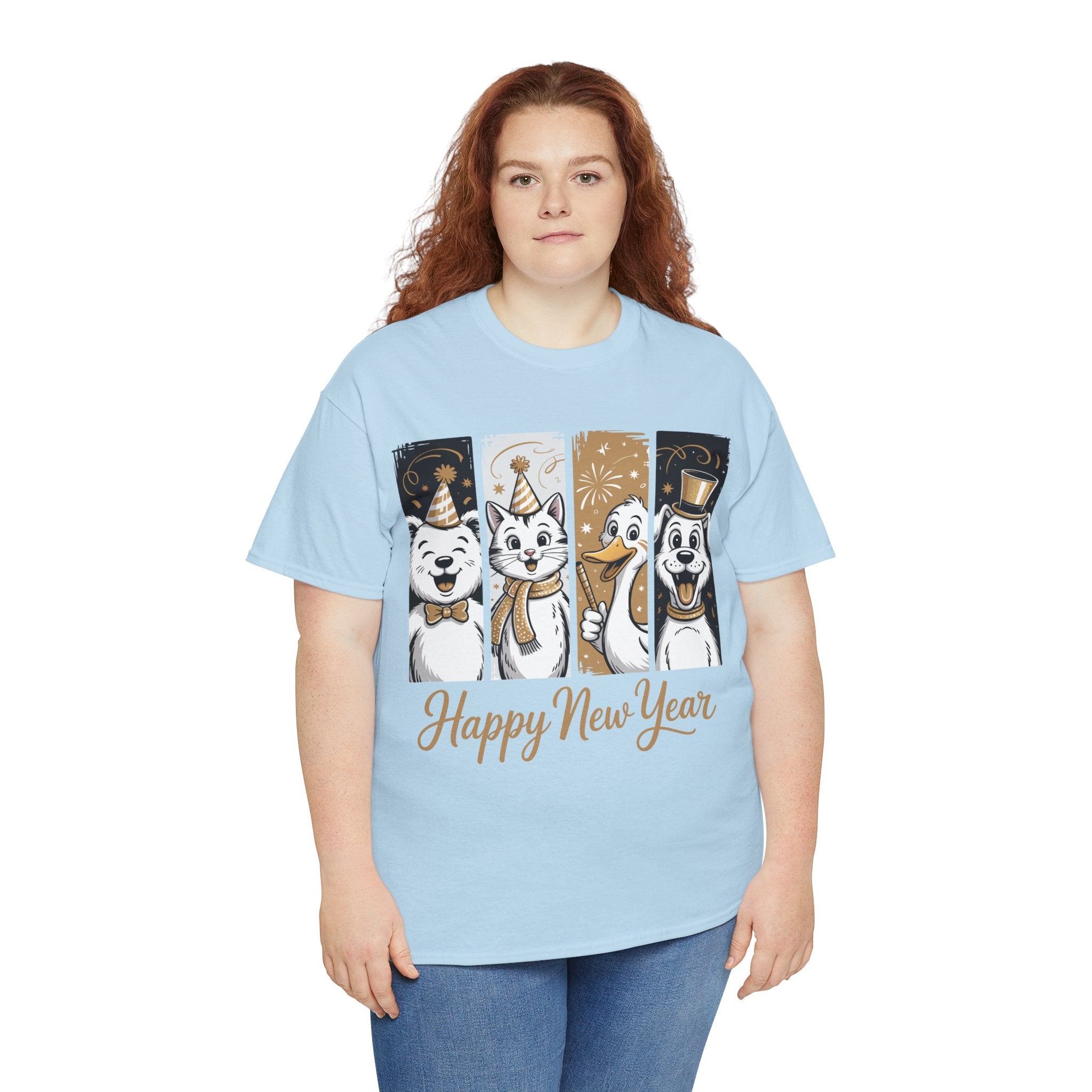 Happy New Year Party Animals T-Shirt — Cute Smiling Animals in Party Hats & Gold Fireworks..Unisex Cotton Tee
