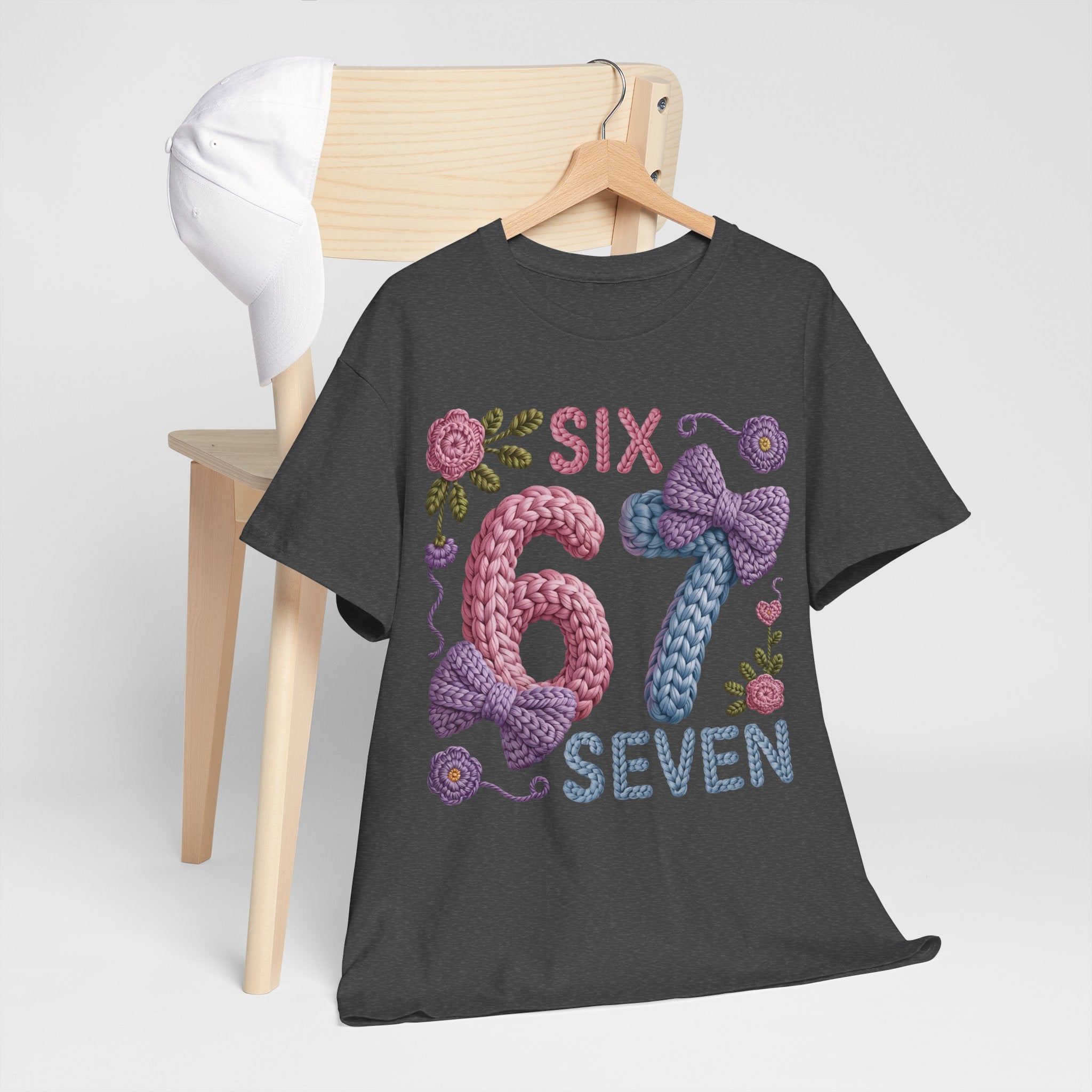 Pastel Crochet Numbers 6 & 7 Tee — Faux-Yarn Bows & Flowers. Unisex Cotton Tee