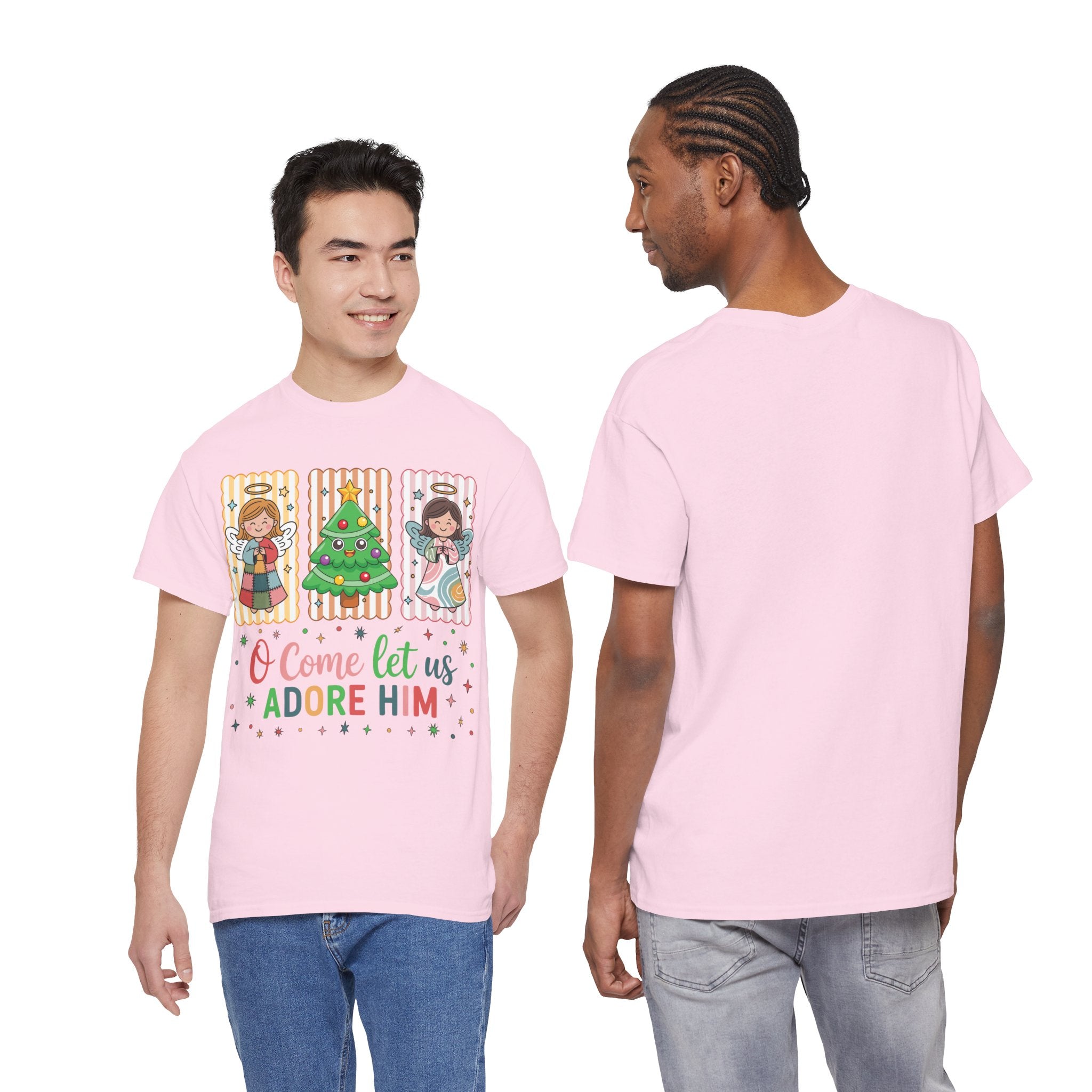 O Come Let Us Adore Him Christmas Tee — Smiling Angels & Happy Tree..Unisex Cotton Tee