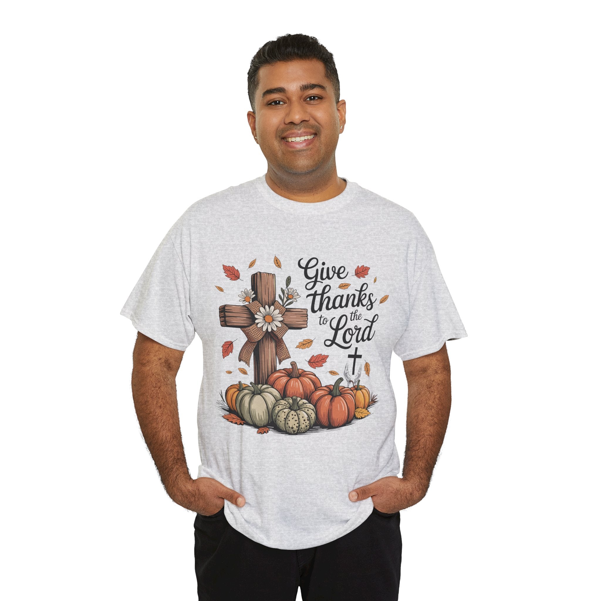 Give Thanks to the Lord Autumn Tee — Wooden Cross, Pumpkins & Daisies..Unisex Cotton Tee
