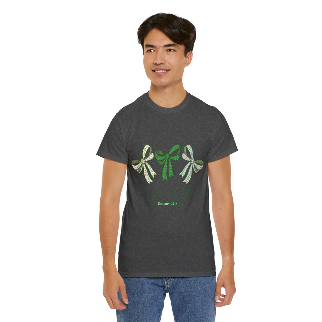 Not Lucky Simply Blessed Tee — Romans 4:7-8 Green Bow Christian Unisex Cotton T-Shirt