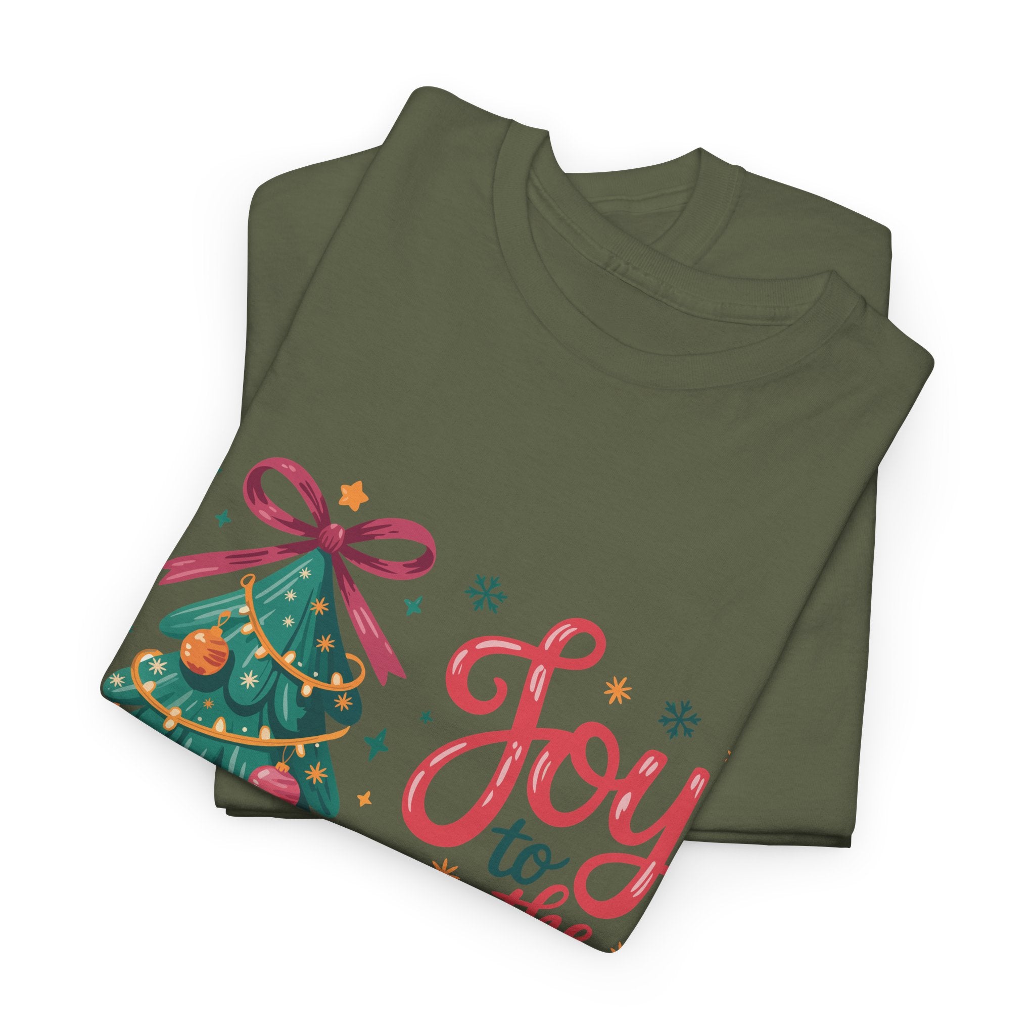 Joy to the World Christmas Tee — Festive Tree with Pink Bow..Unisex Cotton Tee