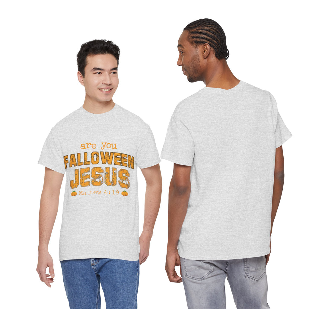 Christian Halloween T-Shirt — “Are You Falloween Jesus? Matthew 4:19” Distressed Pumpkin Design. Unisex Cotton Tee