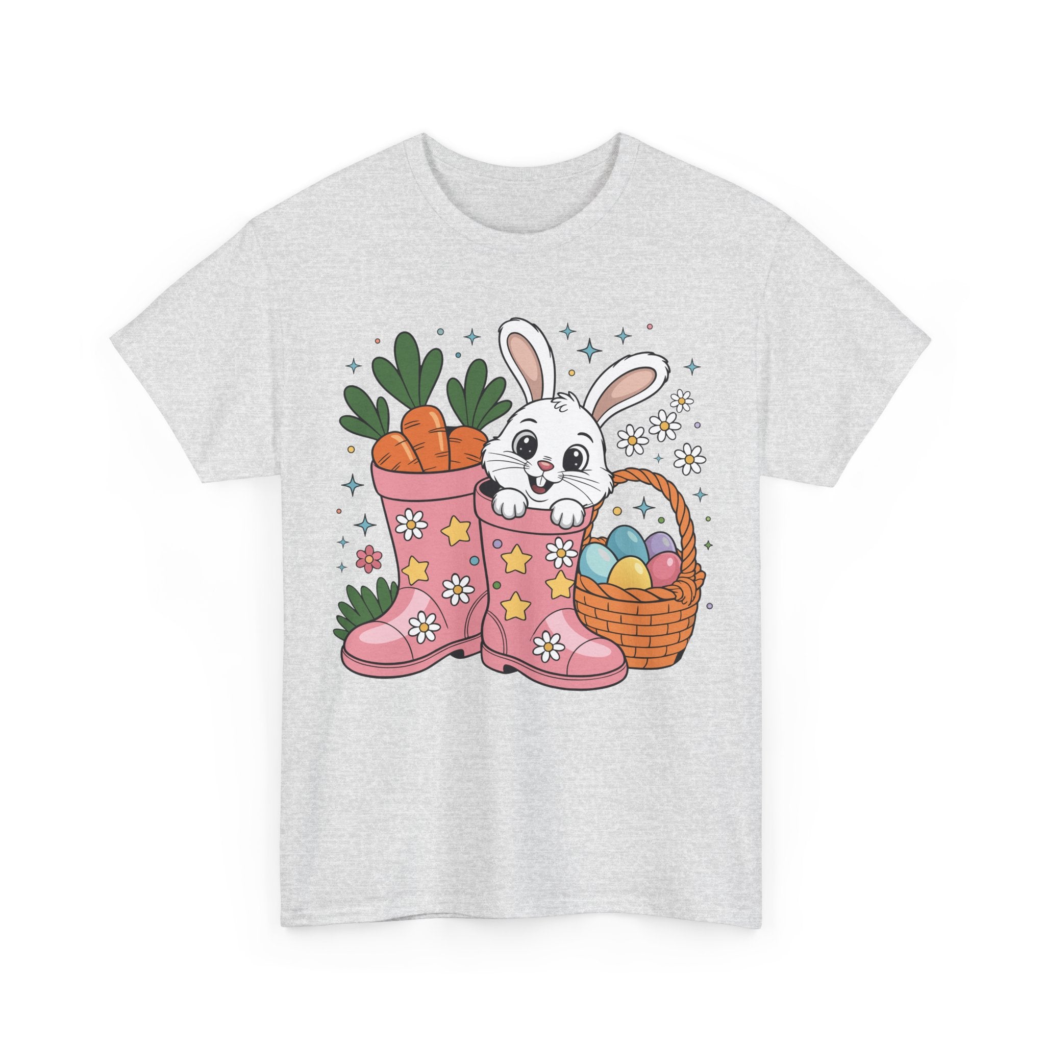 Easter Bunny in Pink Rain Boots T-Shirt — Cartoon Bunny, Carrots & Colorful Eggs Unisex Cotton Tee