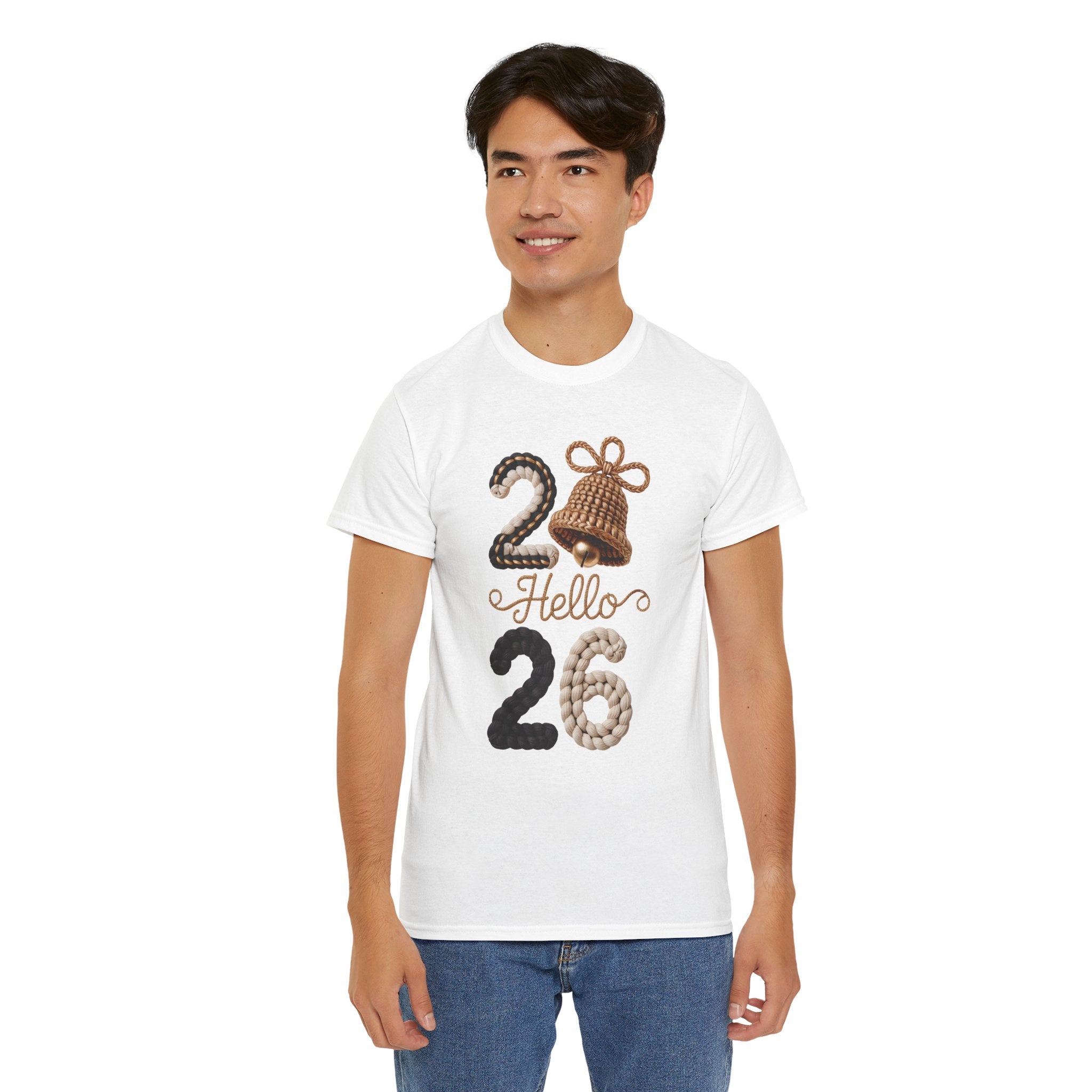 Hello 2026 Tee — Cozy Faux Yarn Braided Numbers with Woven Golden Bell..Unisex Cotton Tee