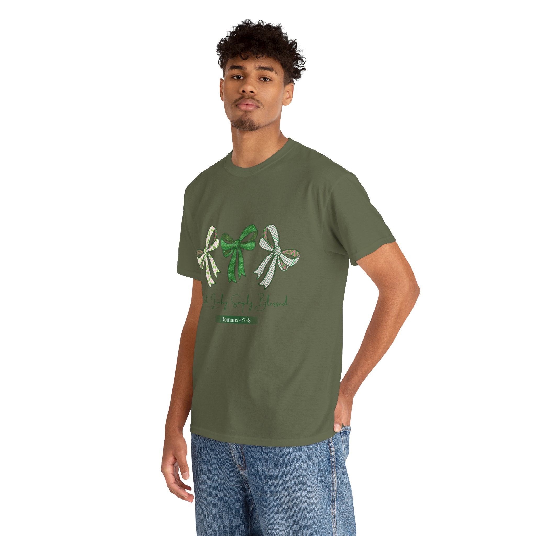 Not Lucky Simply Blessed Tee — Romans 4:7-8 Green Bow Christian Unisex Cotton T-Shirt