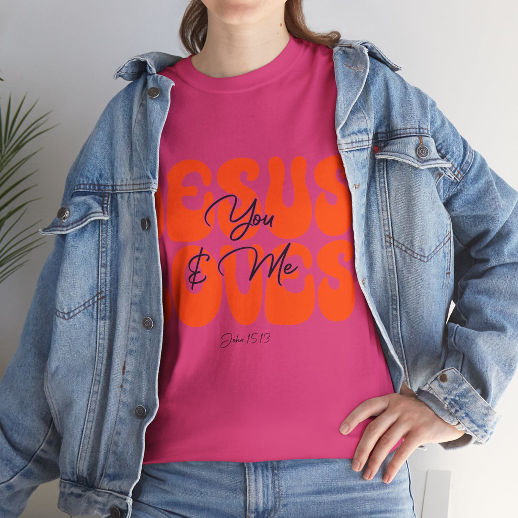 Jesus Loves You & Me Retro Tee — Playful Orange Bubbly Christian Unisex Cotton T-Shirt
