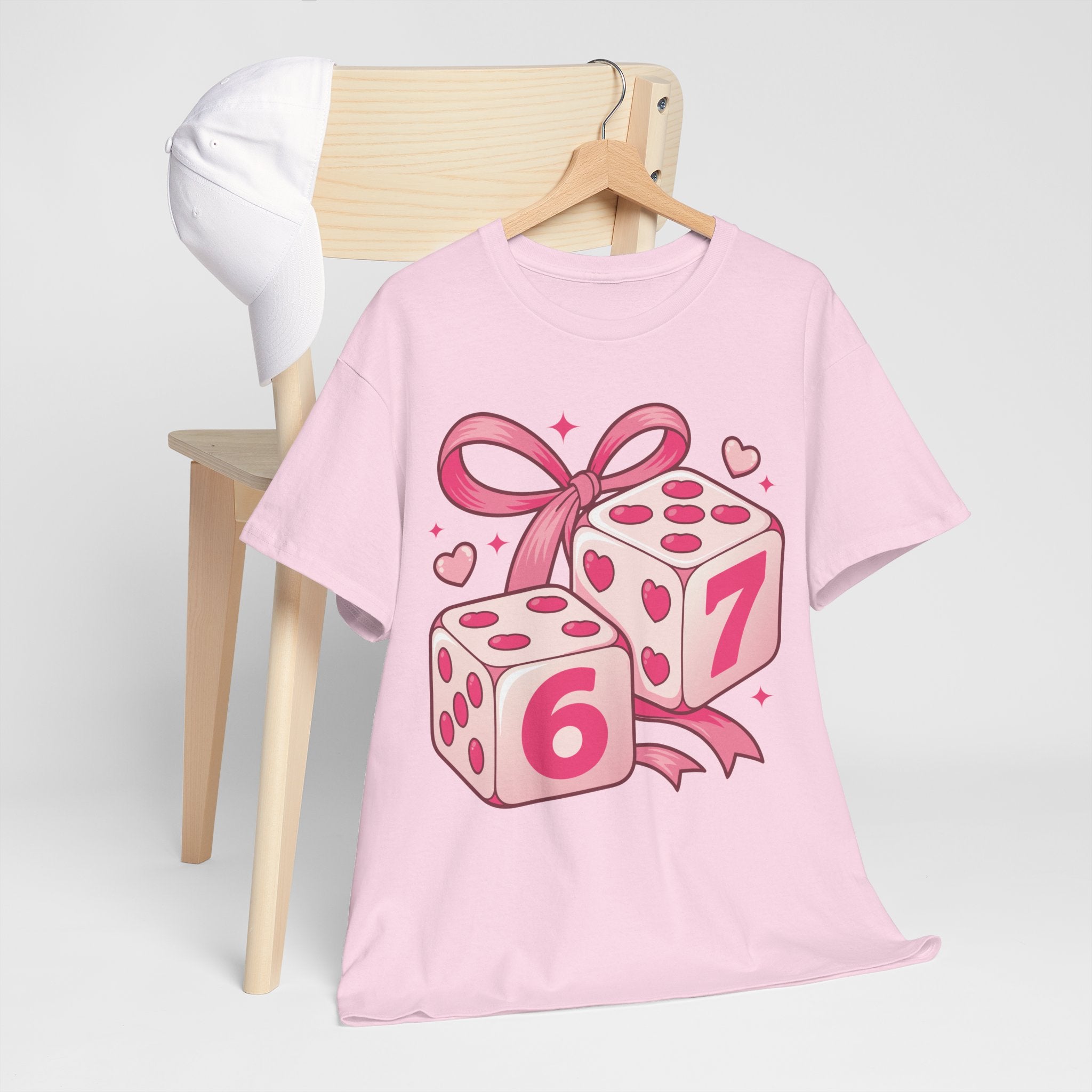 Lucky Love Dice T-Shirt — Pink Heart Dice with Bow..Unisex Cotton Tee