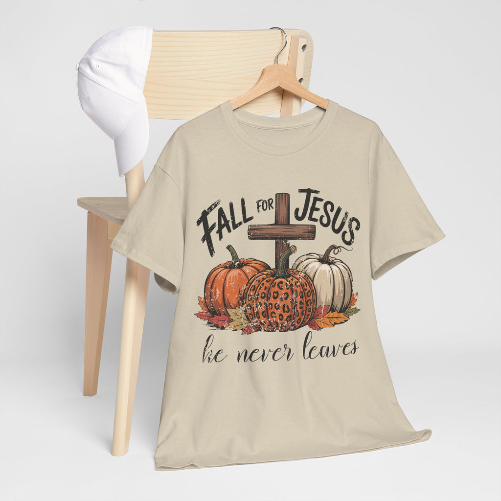 Fall for Jesus Pumpkin Cross Tee — "He Never Leaves" Autumn Christian Unisex Cotton T-Shirt