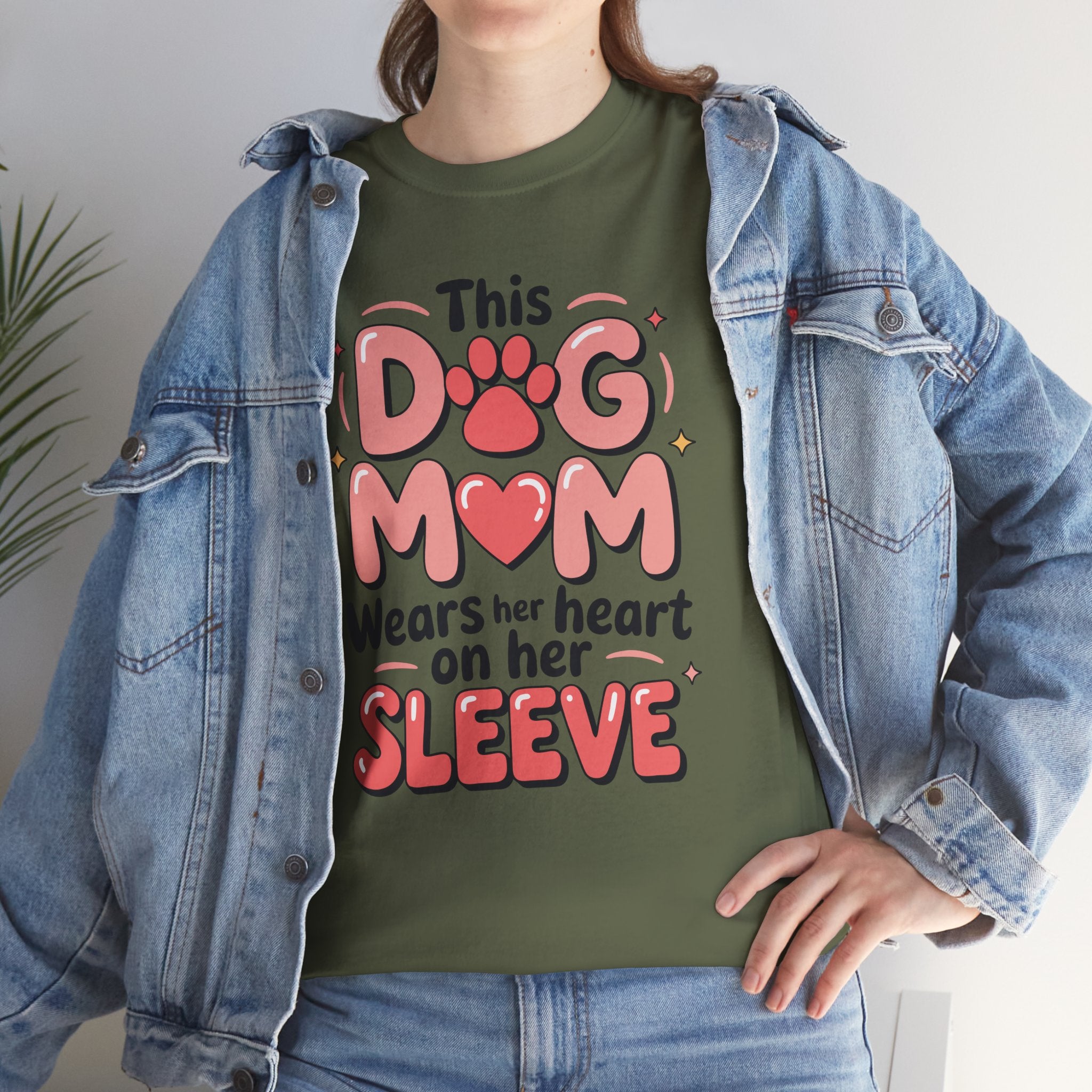 Dog Mom T-Shirt — "This Dog Mom Wears Her Heart on Her Sleeve" Paw & Heart Unisex Cotton Tee