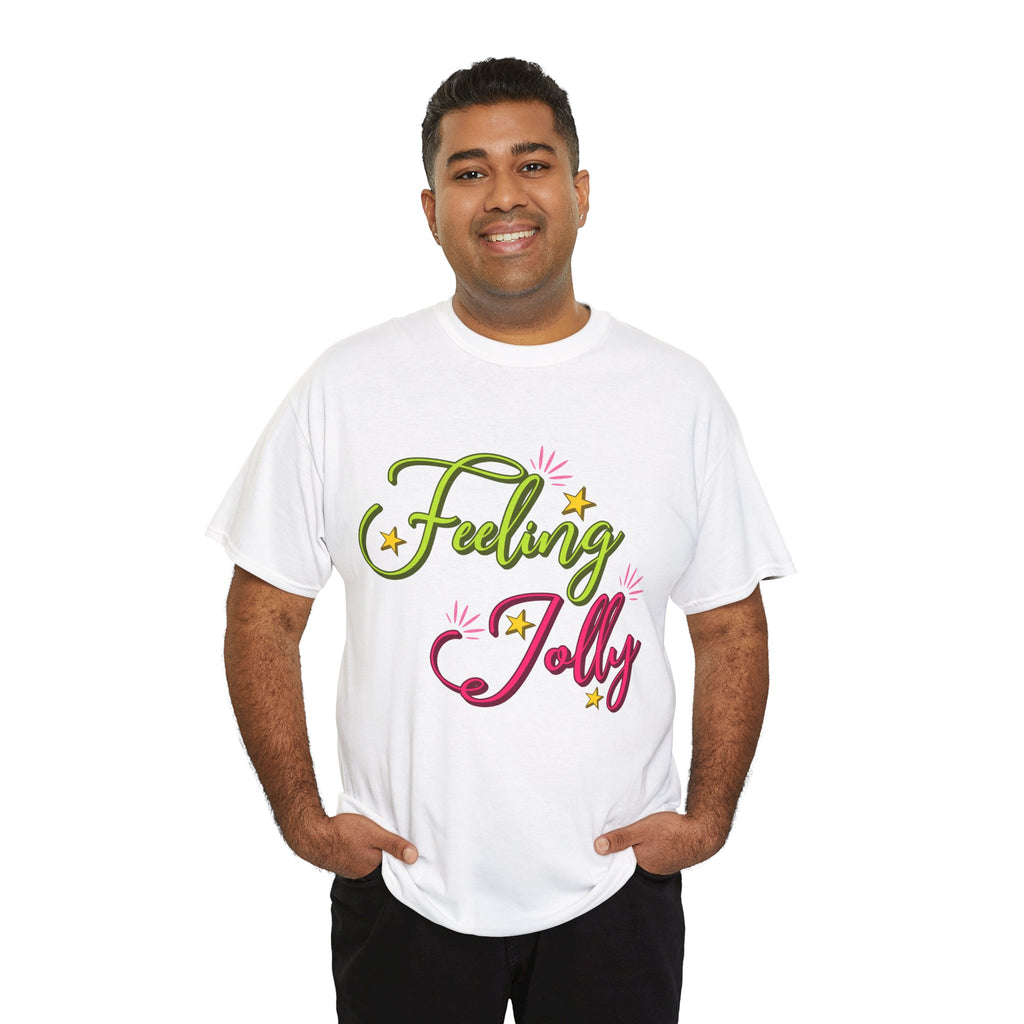 Feeling Jolly Tee — Festive Green & Pink Script with Yellow Stars Unisex Cotton Tee