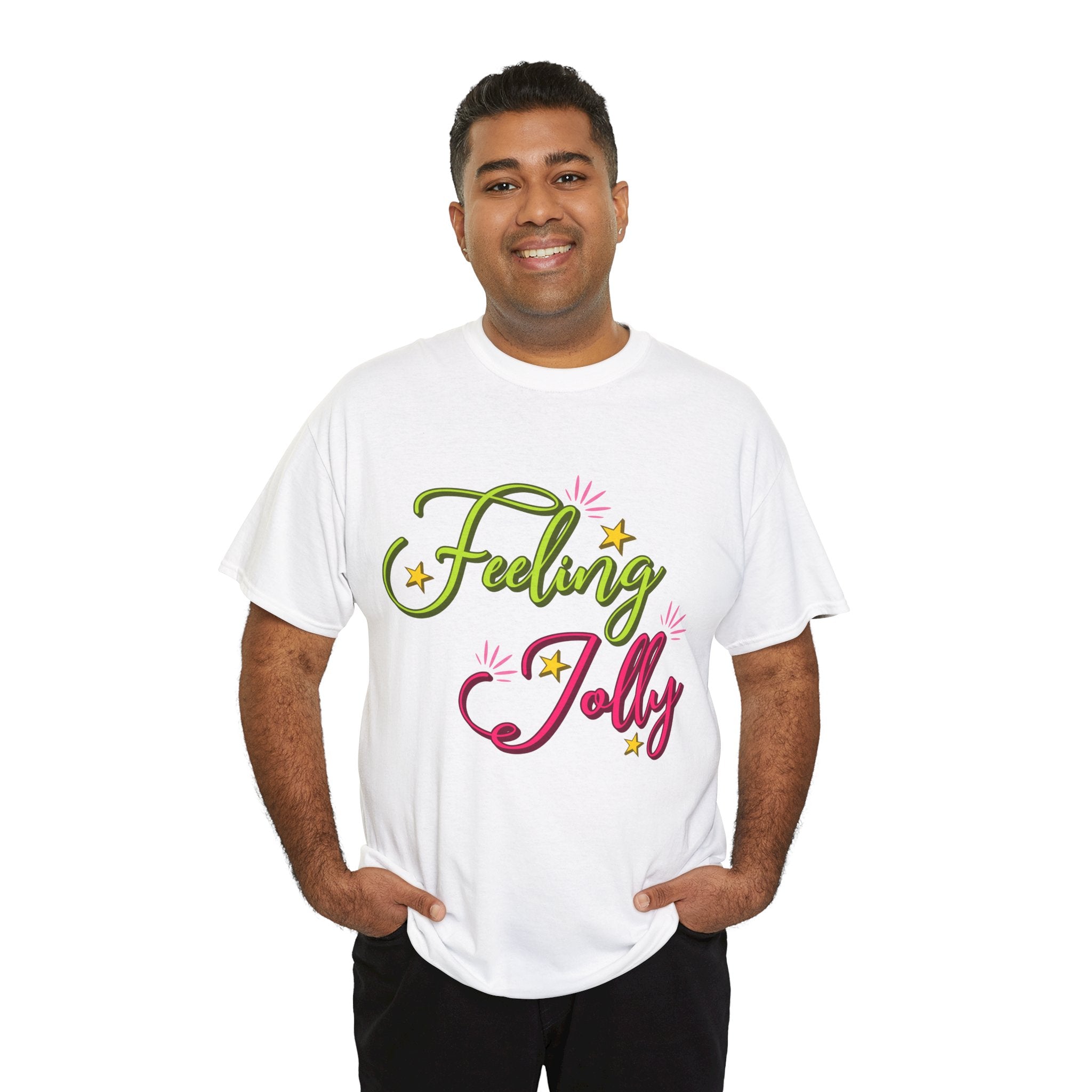 Feeling Jolly Tee — Festive Green & Pink Script with Yellow Stars Unisex Cotton Tee