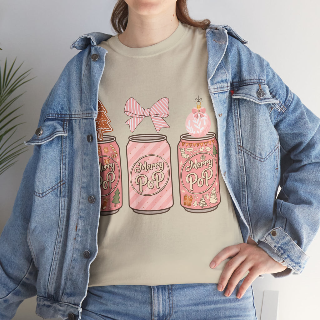 Merry Pop Christmas Soda Can Tee — Pastel Holiday Graphic Unisex Cotton T-Shirt