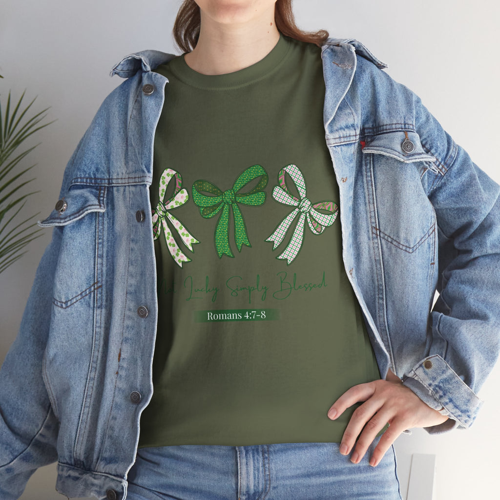 Not Lucky Simply Blessed Tee — Romans 4:7-8 Green Bow Christian Unisex Cotton T-Shirt