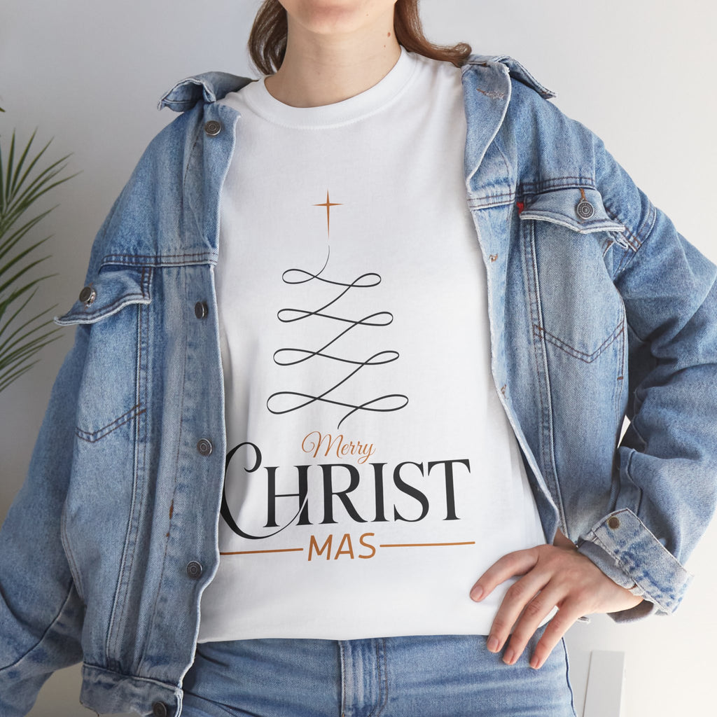 Merry Christmas Gold Cross Tree Unisex Cotton Tee