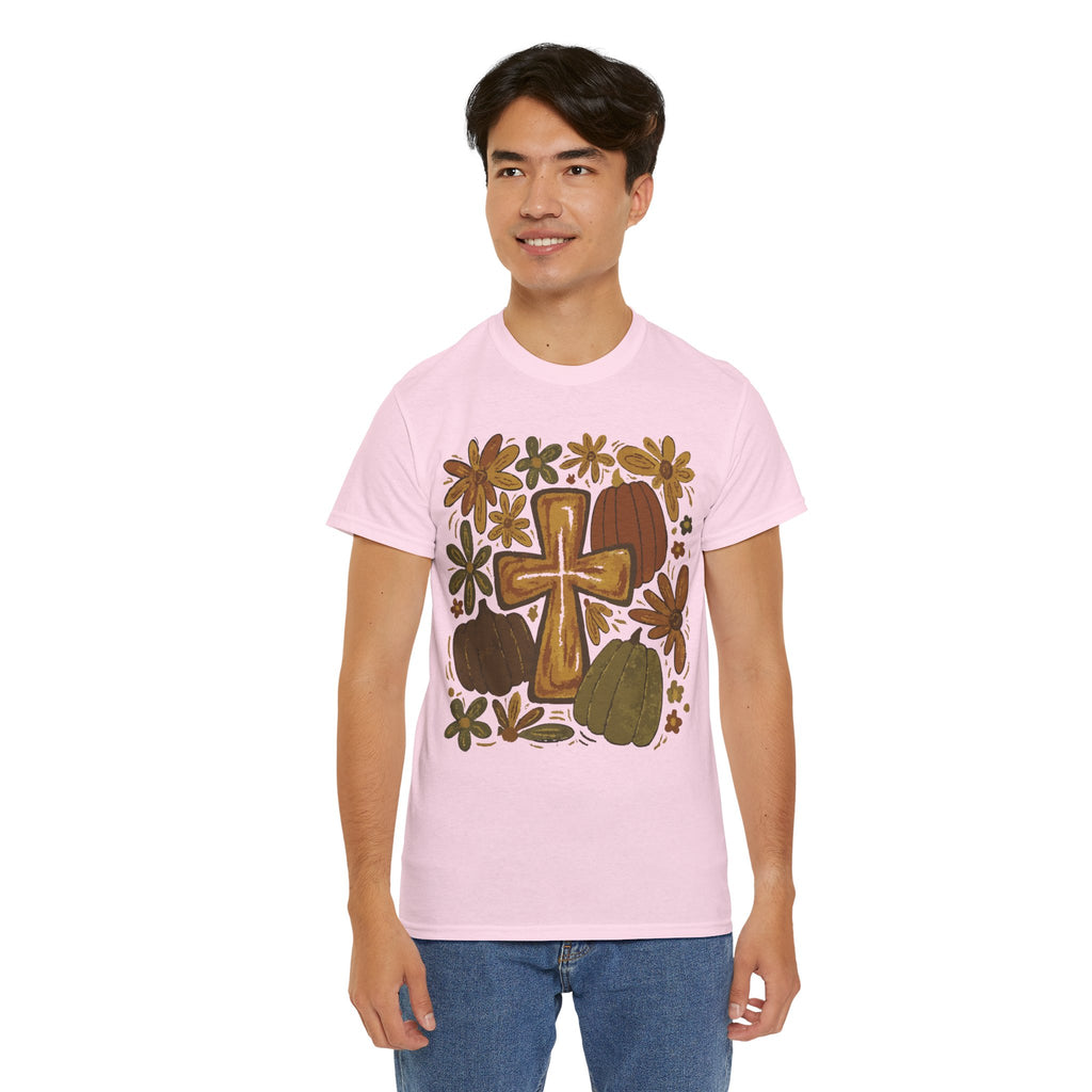 Autumn Cross Tee — Rustic Pumpkin & Fall Floral Christian Unisaex Cotton T-Shirt