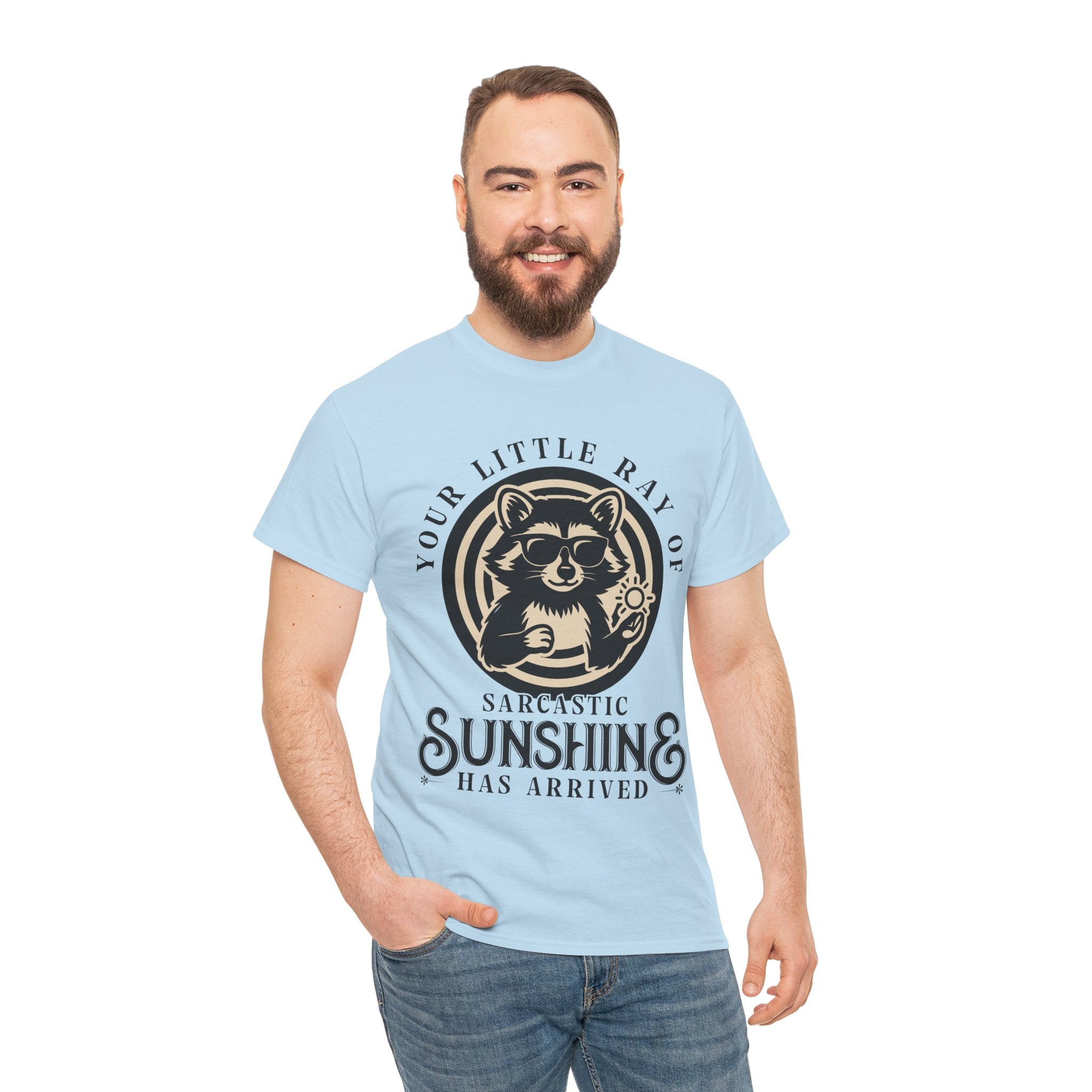 Cool Raccoon Sunglasses T-Shirt — Raccoon Holding Sun Graphic Unisex Cotton Tee