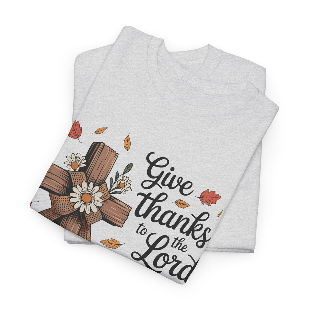 Give Thanks to the Lord Autumn Tee — Wooden Cross, Pumpkins & Daisies..Unisex Cotton Tee