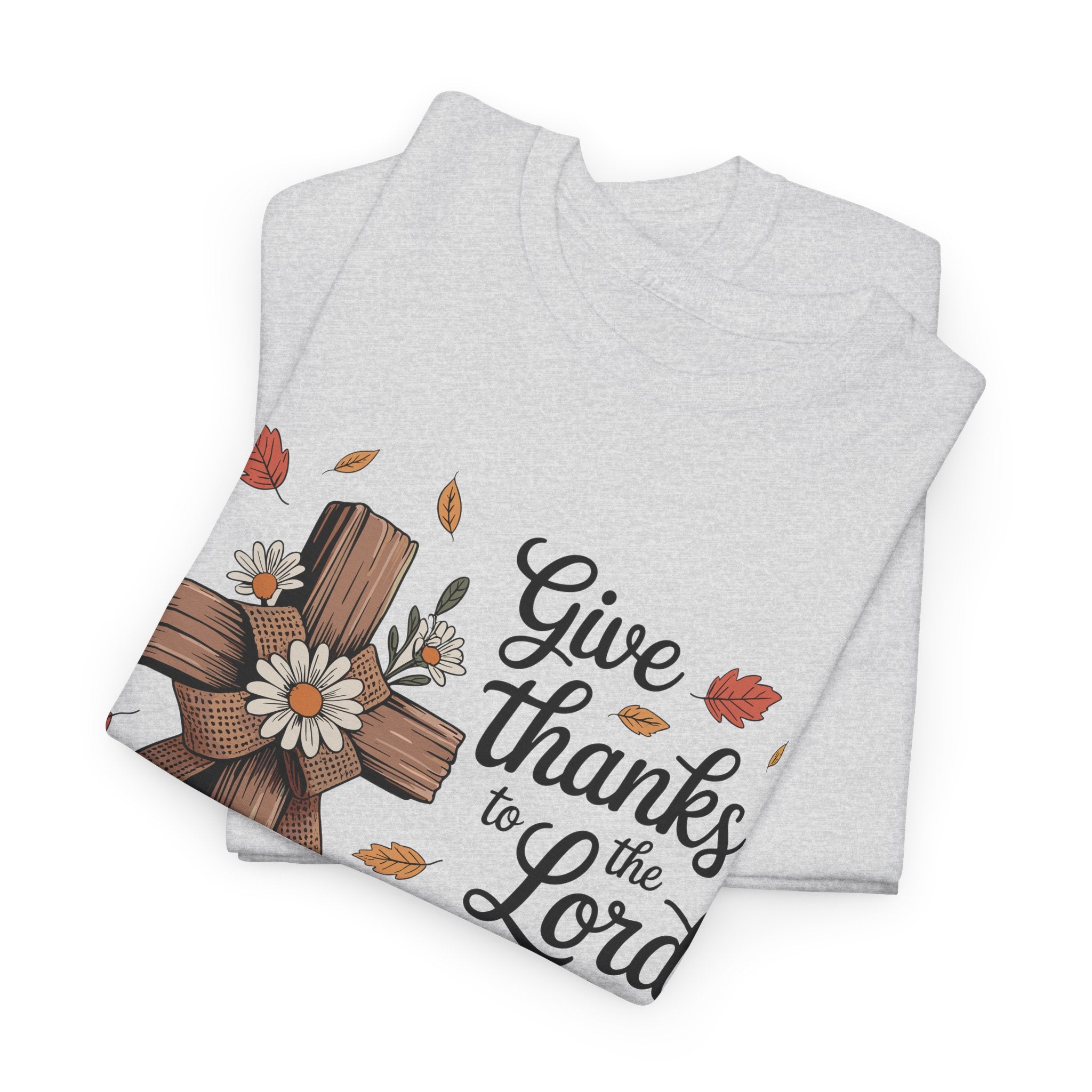 Give Thanks to the Lord Autumn Tee — Wooden Cross, Pumpkins & Daisies..Unisex Cotton Tee