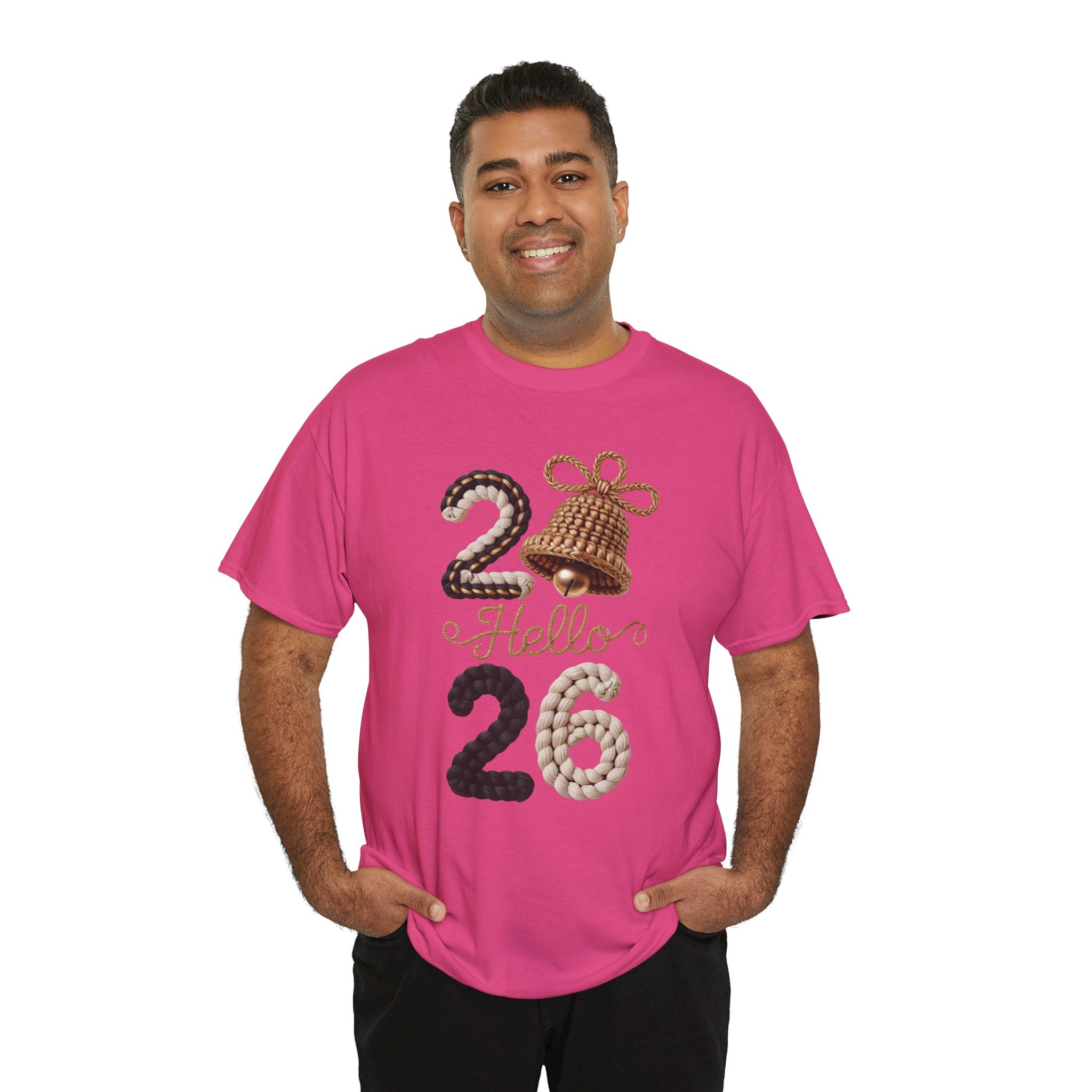 Hello 2026 Tee — Cozy Faux Yarn Braided Numbers with Woven Golden Bell..Unisex Cotton Tee