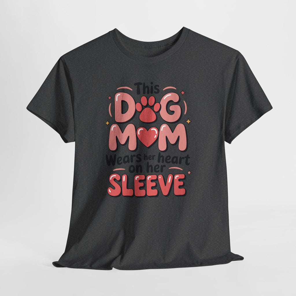 Dog Mom T-Shirt — "This Dog Mom Wears Her Heart on Her Sleeve" Paw & Heart Unisex Cotton Tee