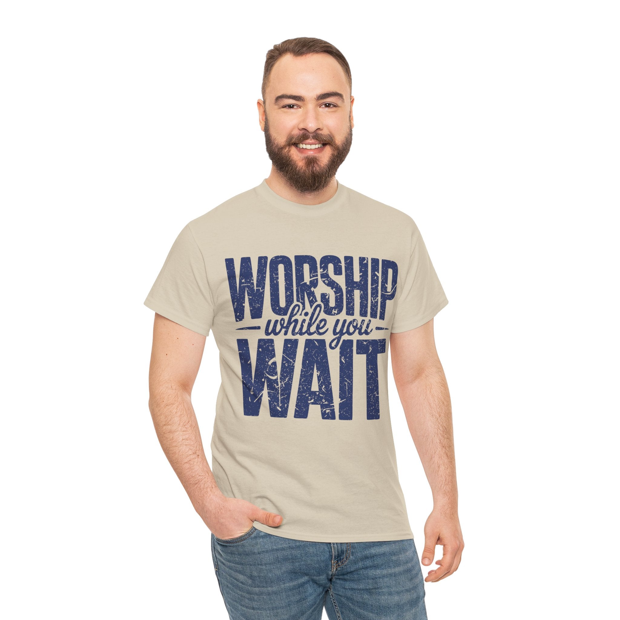 Worship While You Wait T‑Shirt — Distressed Pastel Blue Faith Unisex Cotton Tee