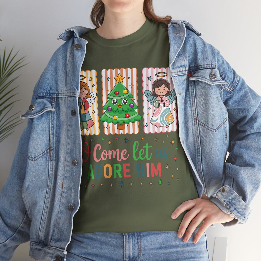 O Come Let Us Adore Him Christmas Tee — Smiling Angels & Happy Tree..Unisex Cotton Tee