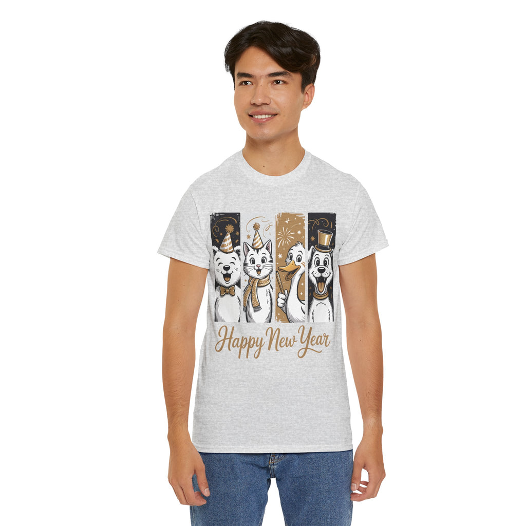Happy New Year Party Animals T-Shirt — Cute Smiling Animals in Party Hats & Gold Fireworks..Unisex Cotton Tee