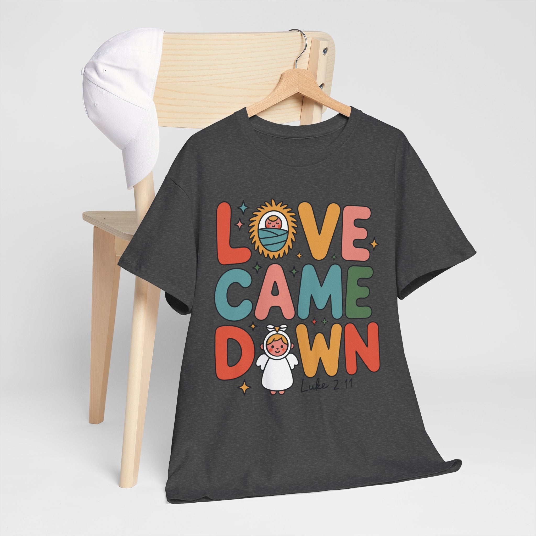 Love Came Down Christmas Tee — Baby Jesus Manger Angel (Luke 2:11)..Unisex Cotton Tee