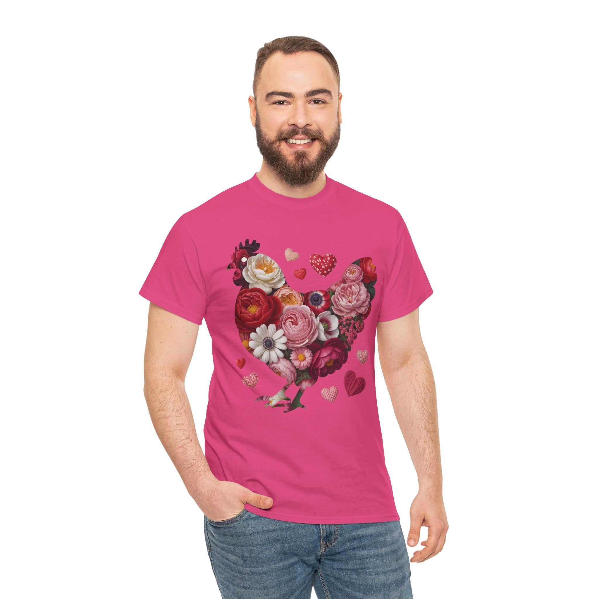 Floral Chicken Heart Tee — Red & Pink Flower Silhouette Unisex Cotton Tee