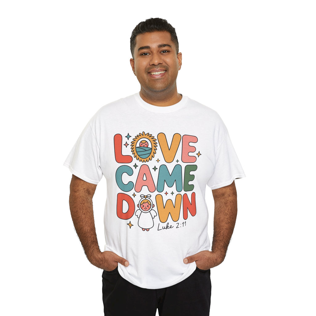 Love Came Down Christmas Tee — Baby Jesus Manger Angel (Luke 2:11)..Unisex Cotton Tee