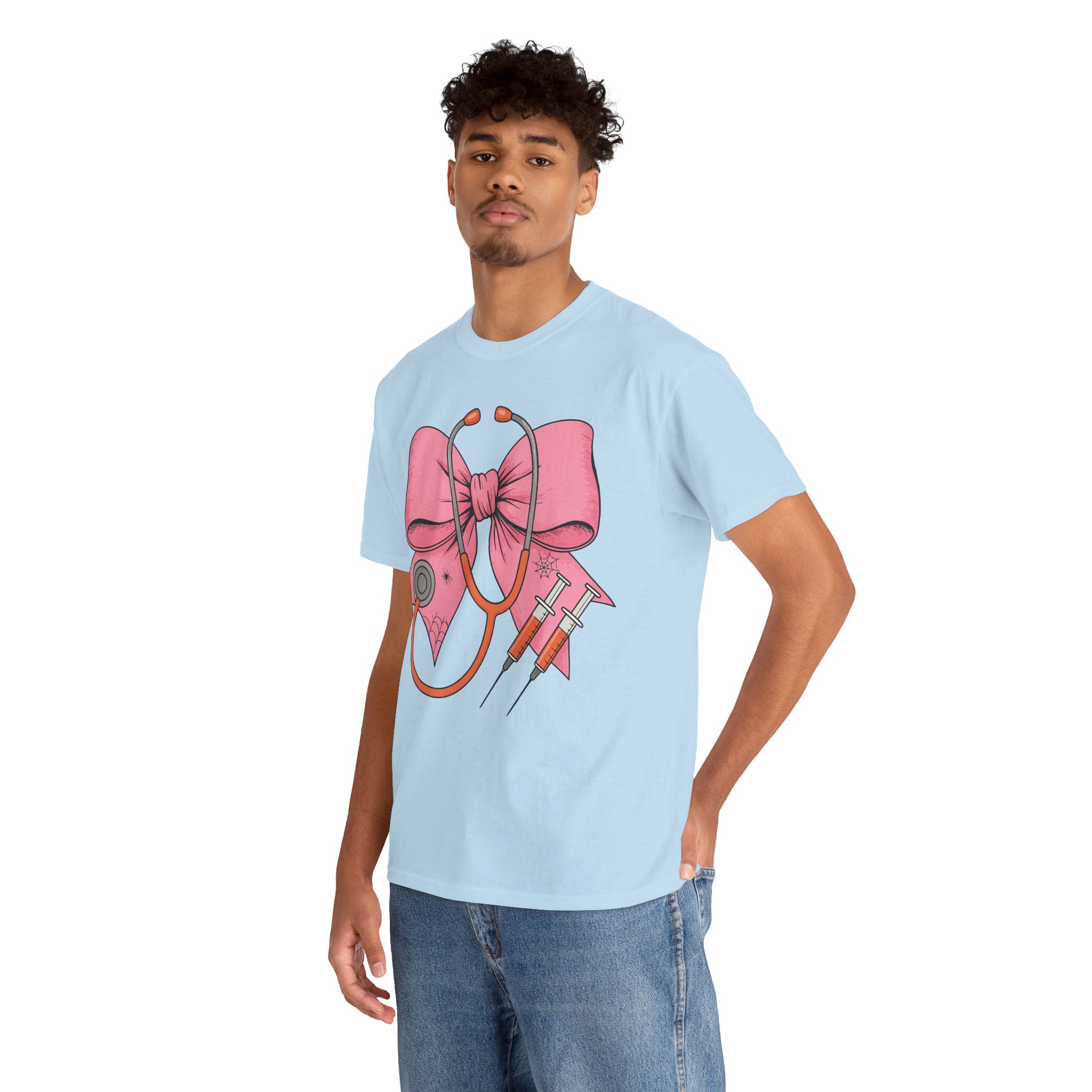Halloween Nurse T‑Shirt — Pink Nurse Bow with Stethoscope, Syringes & Spider Webs..Unisex Cotton Tee