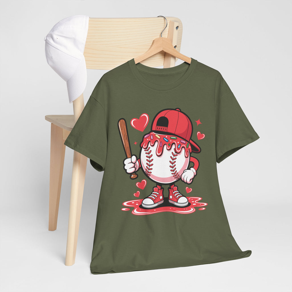 Cute Baseball Character T-Shirt — Red Cap & Icing Top Graphic with Hearts Unisex Cotton Tee