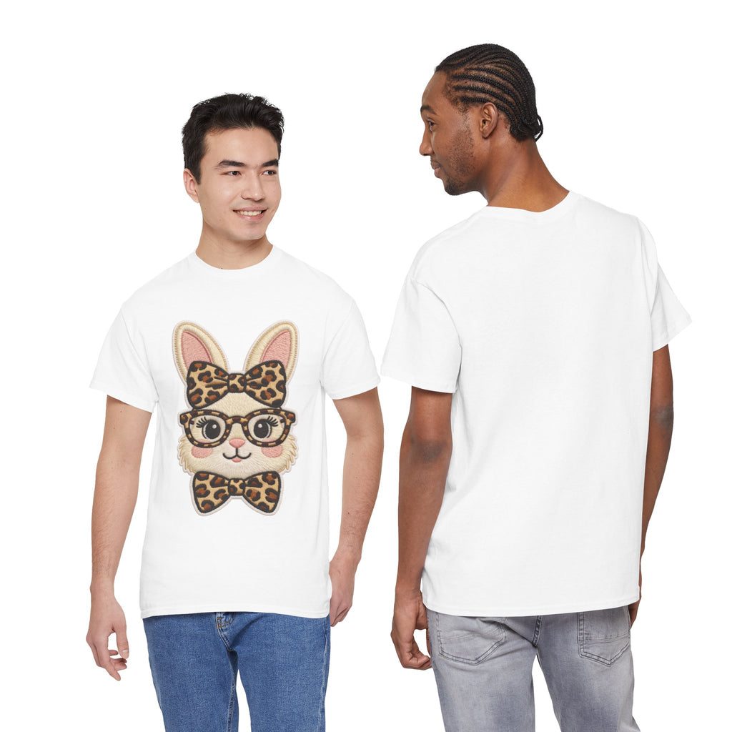 Leopard Bow Bunny Embroidered Tee — Cute Bunny Face with Glasses Patch Unisex Cotton Tee