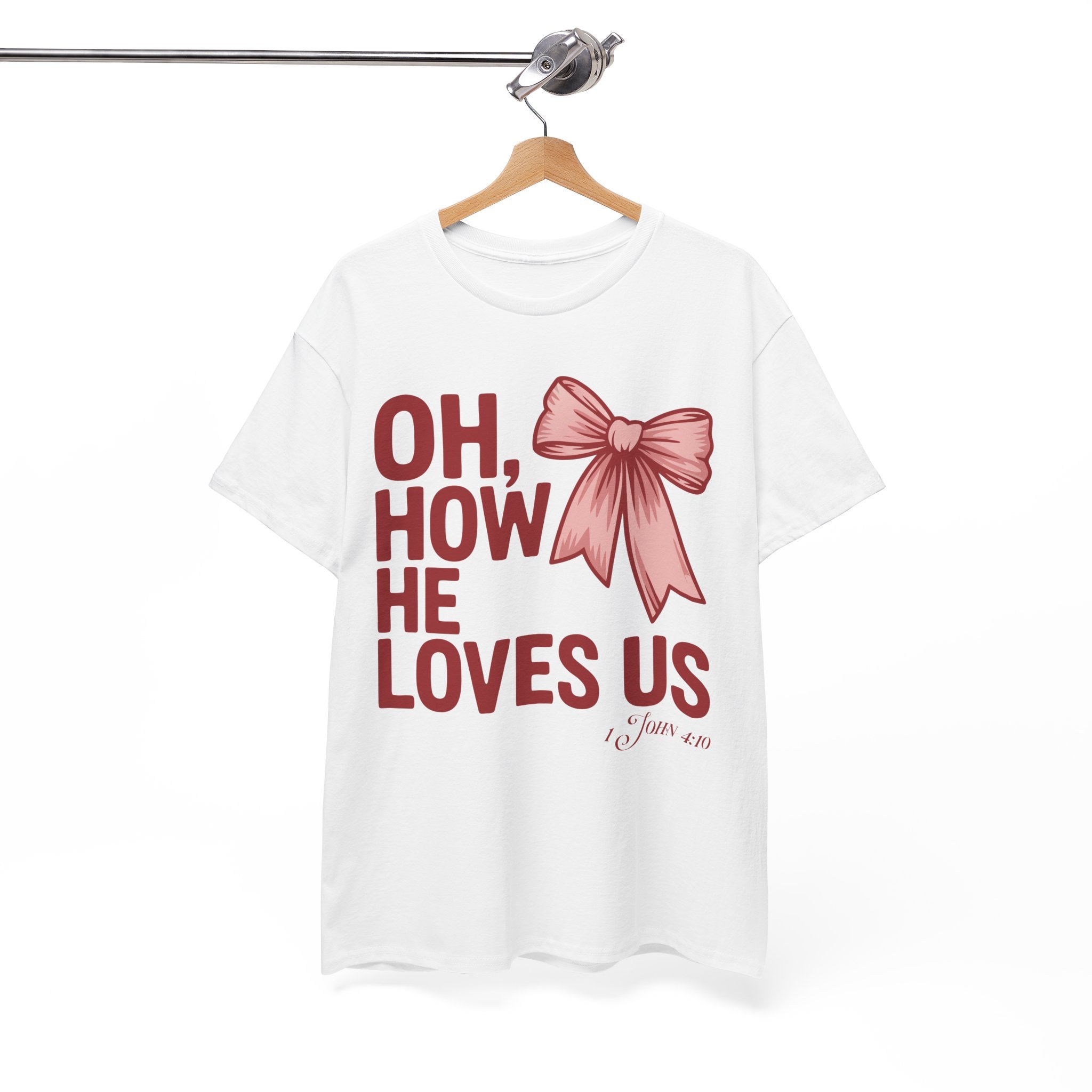 Oh, How He Loves Us Christian Valentine Tee — 1 John 4:10 Red & Pink Unisex Cotton Tee