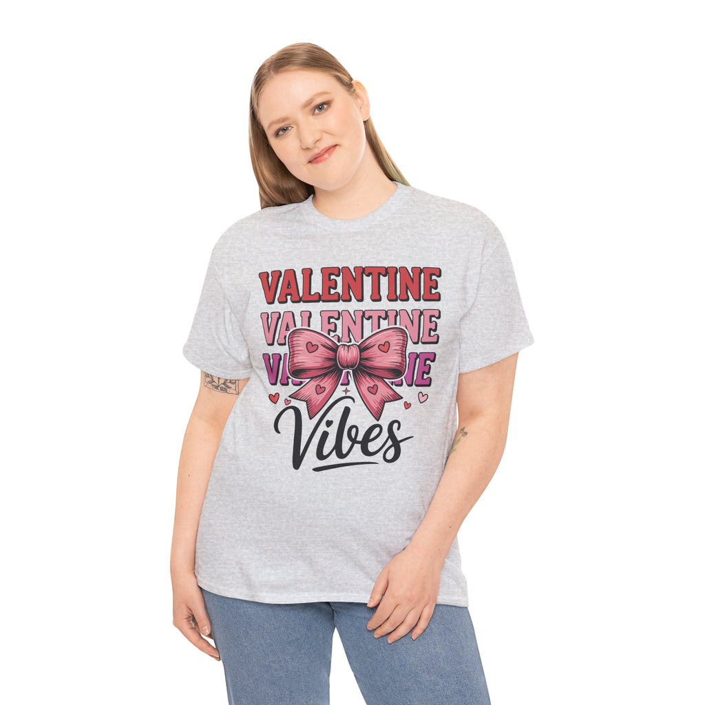 Valentine Vibes T-Shirt — Pink Bow Heart Graphic Unisex Cotton Tee