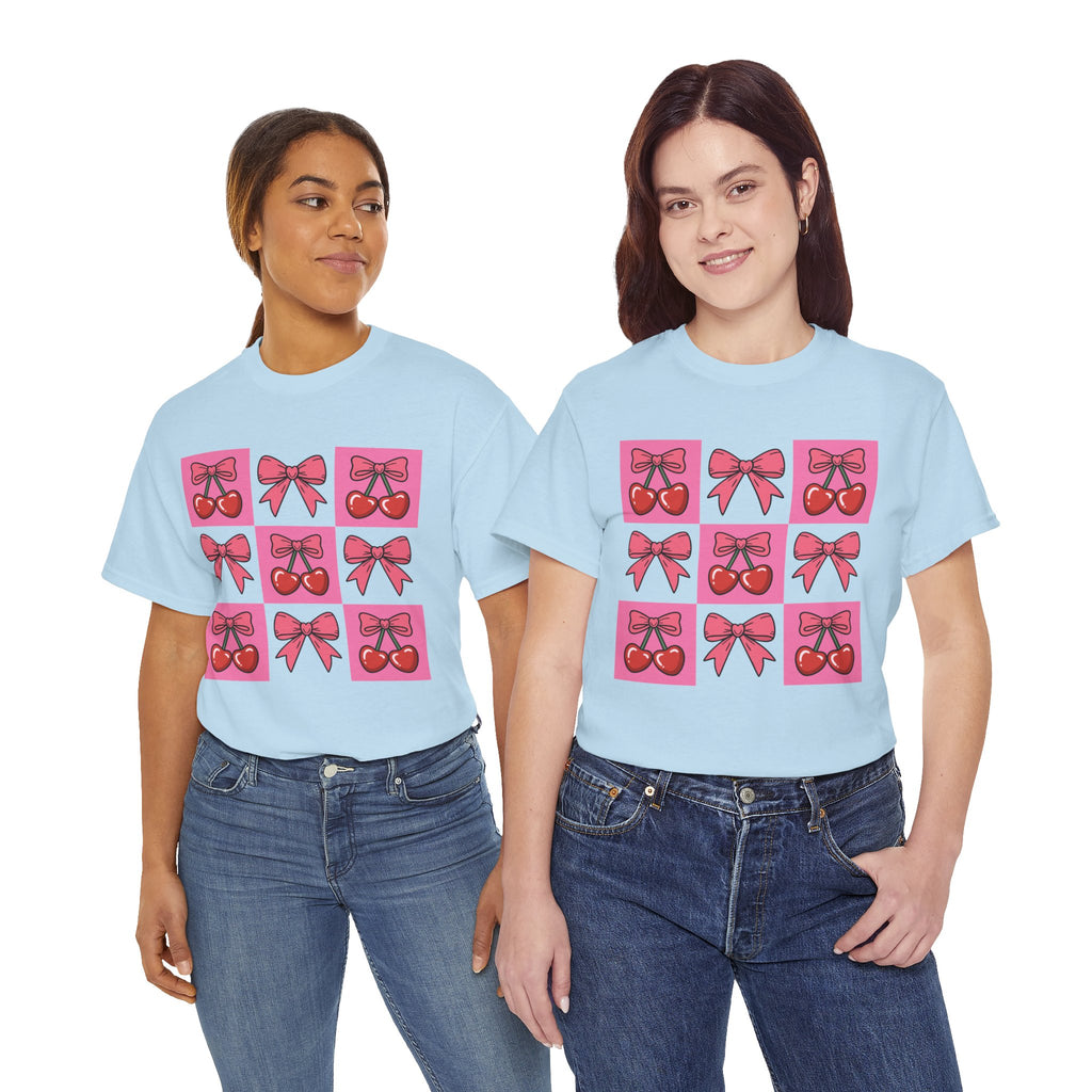 Cherry & Pink Bow Checkered Unisex Cotton Tee