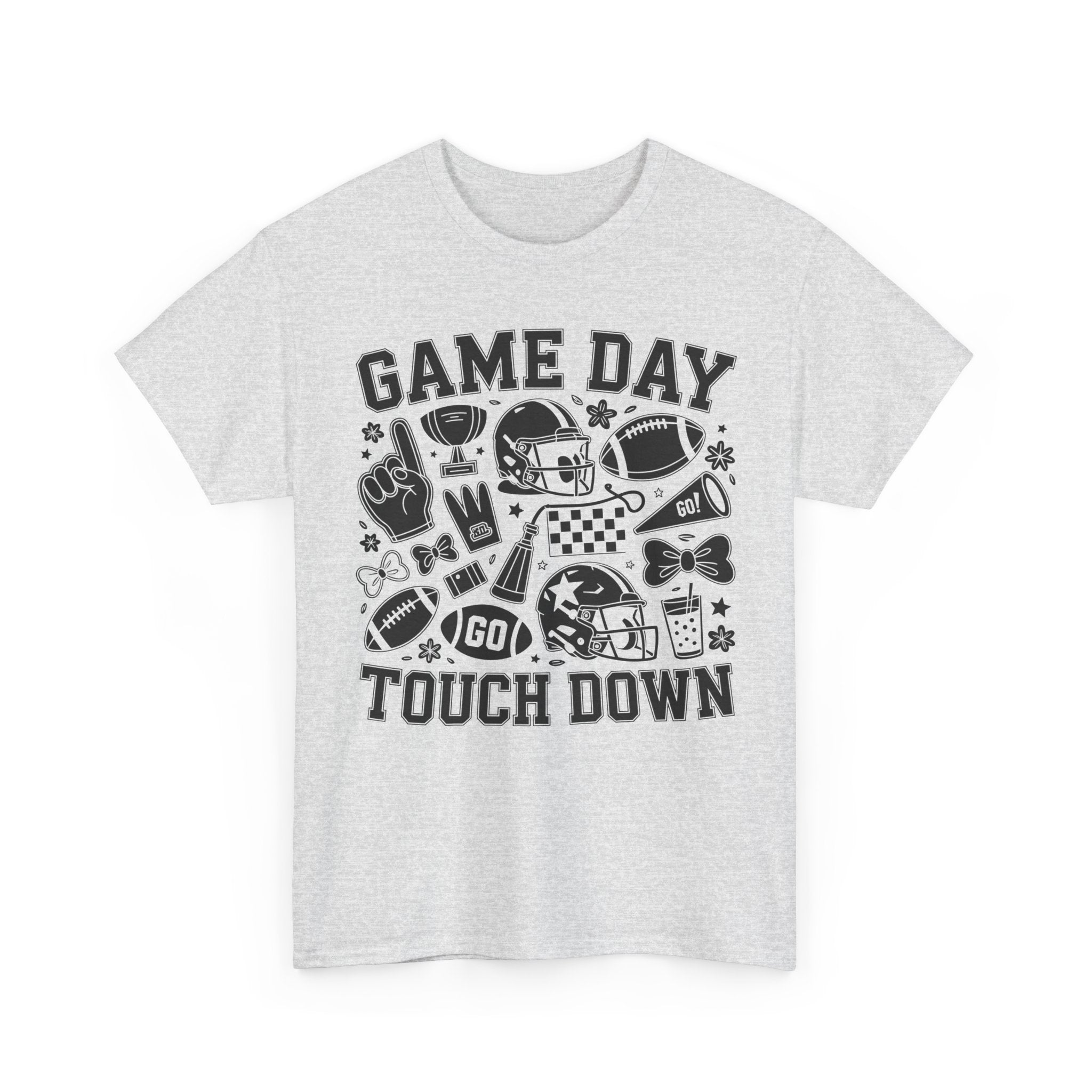 Game Day Touch Down Football T‑Shirt — Helmet & Cheer Monochrome Design Unisex Cotton Tee