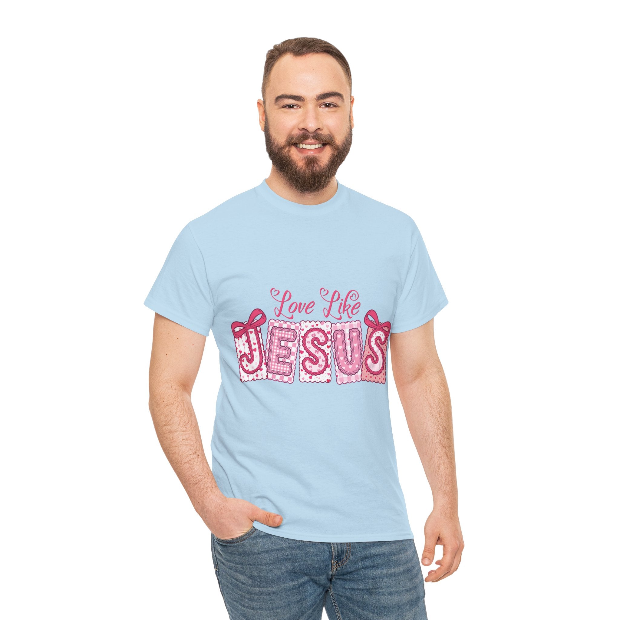 Love Like Jesus Patchwork Tee — Pink Stitched Heart Graphic.Unisex Cotton Tee
